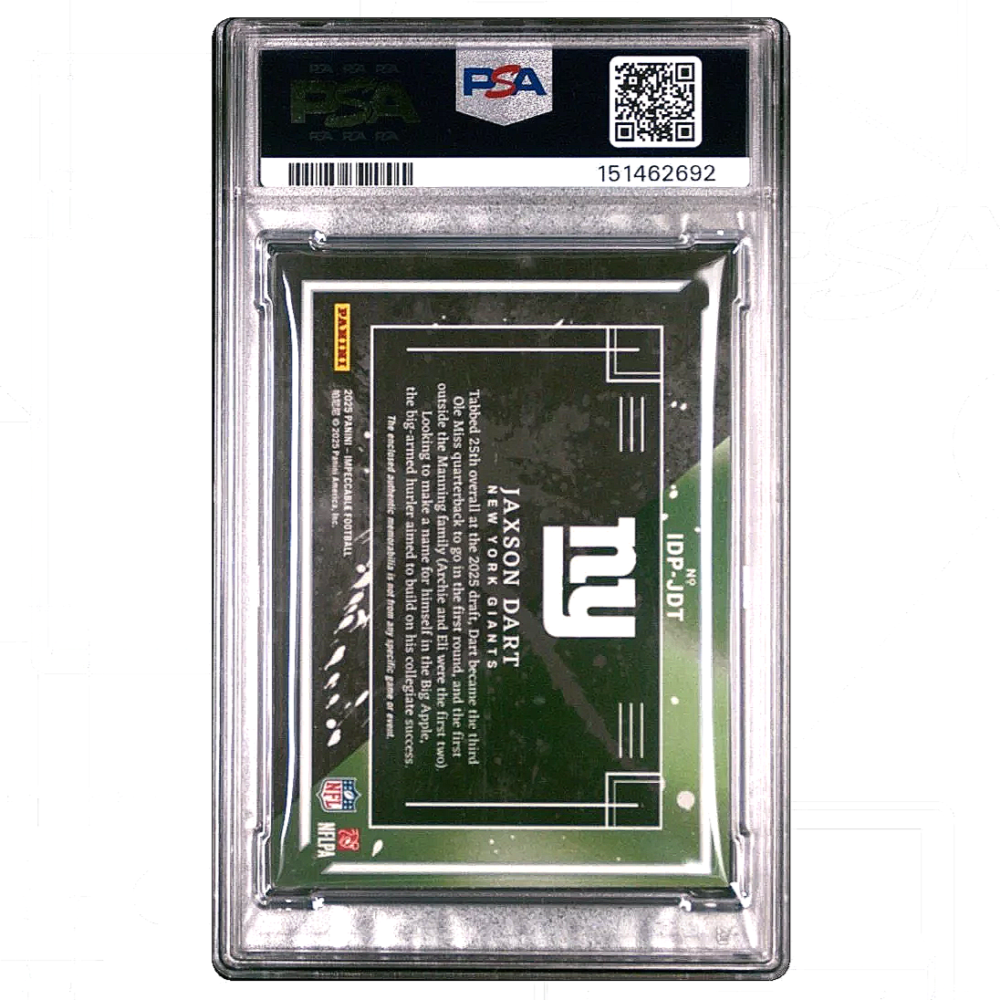 2025 Impeccable Jaxson Dart Draft Picks Relic /49 #IDP-JDT PSA8 - Giants football card slab back