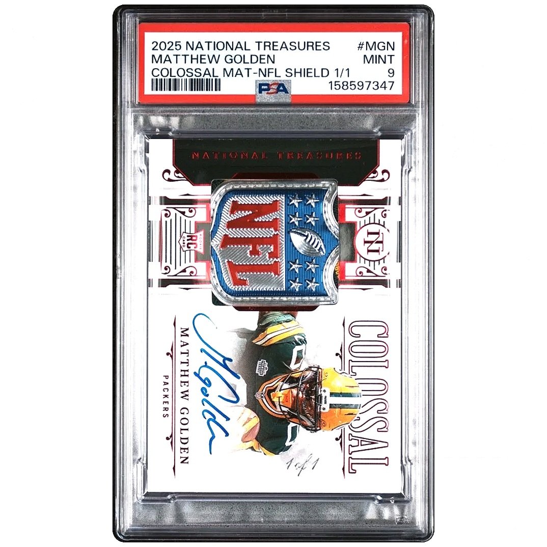 2025 National Treasures Matthew Golden Colossal Materials True NFL Shield #MGN 1/1 PSA9 - Packers Football Card Front Vertical