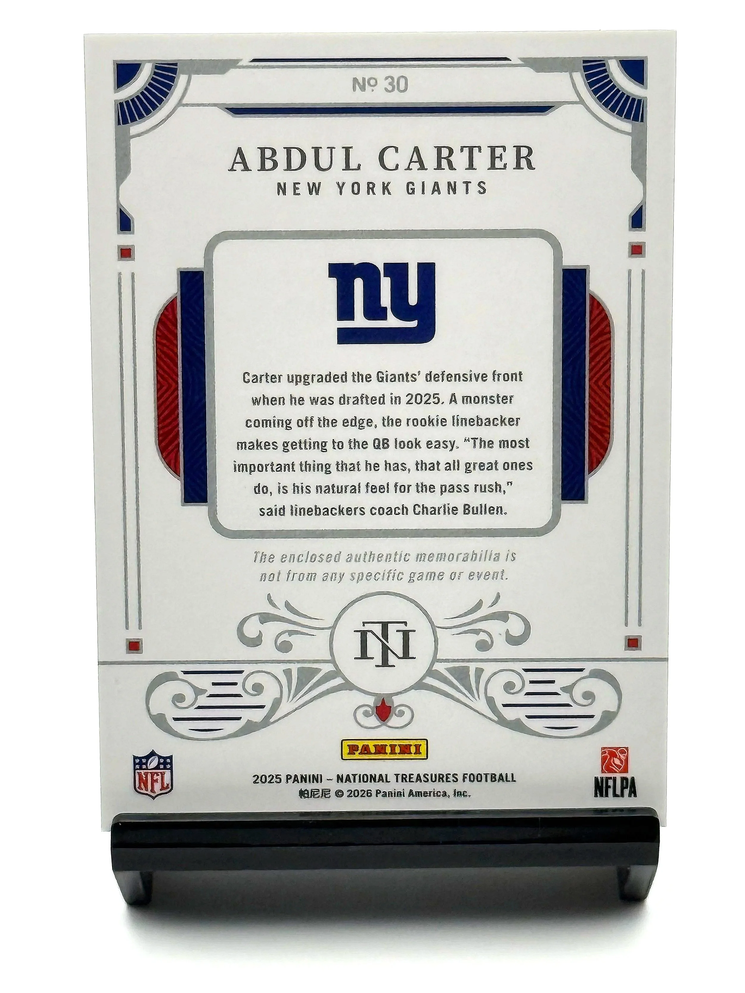 2025 National Treasures Abdul Carter Rookie Dual Patch Purple RC #/25 Giants Football Card Back