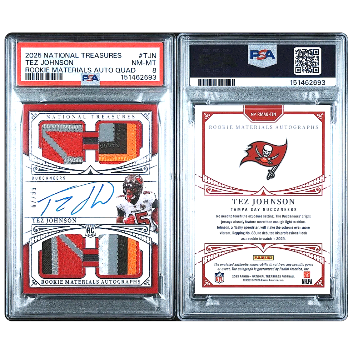 2025 National Treasures Tez Johnson Rookie Materials Auto Quad /99 RMAQ-TZN PSA9 Football Card Slab Side by Side