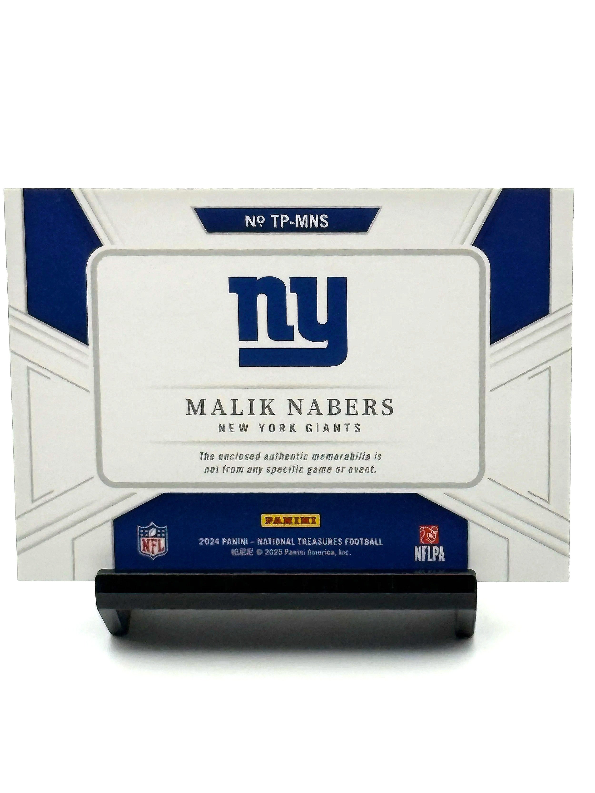 2024 National Treasures Malik Nabers Gold Rookie /10 3-Color Patch TP-MNS Giants Football Card Back