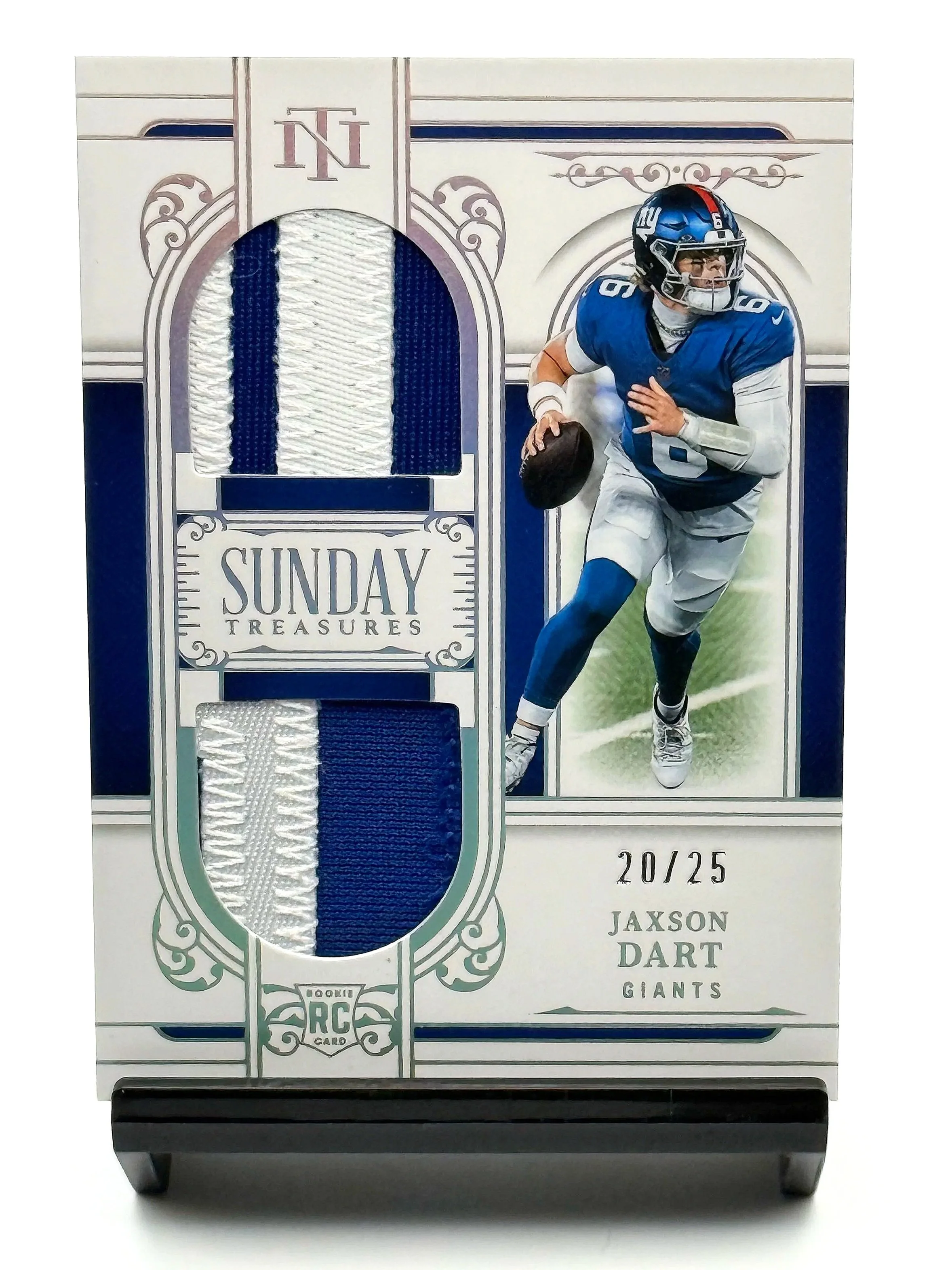 2025 National Treasures Jaxson Dart Dual Patch Holo Silver Rookie /25 Giants Football Card Front