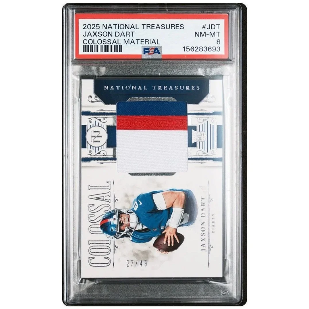 2025 Panini National Treasures Jaxson Dart Colossal Materials #JDT /49 RC PSA8 - Giants