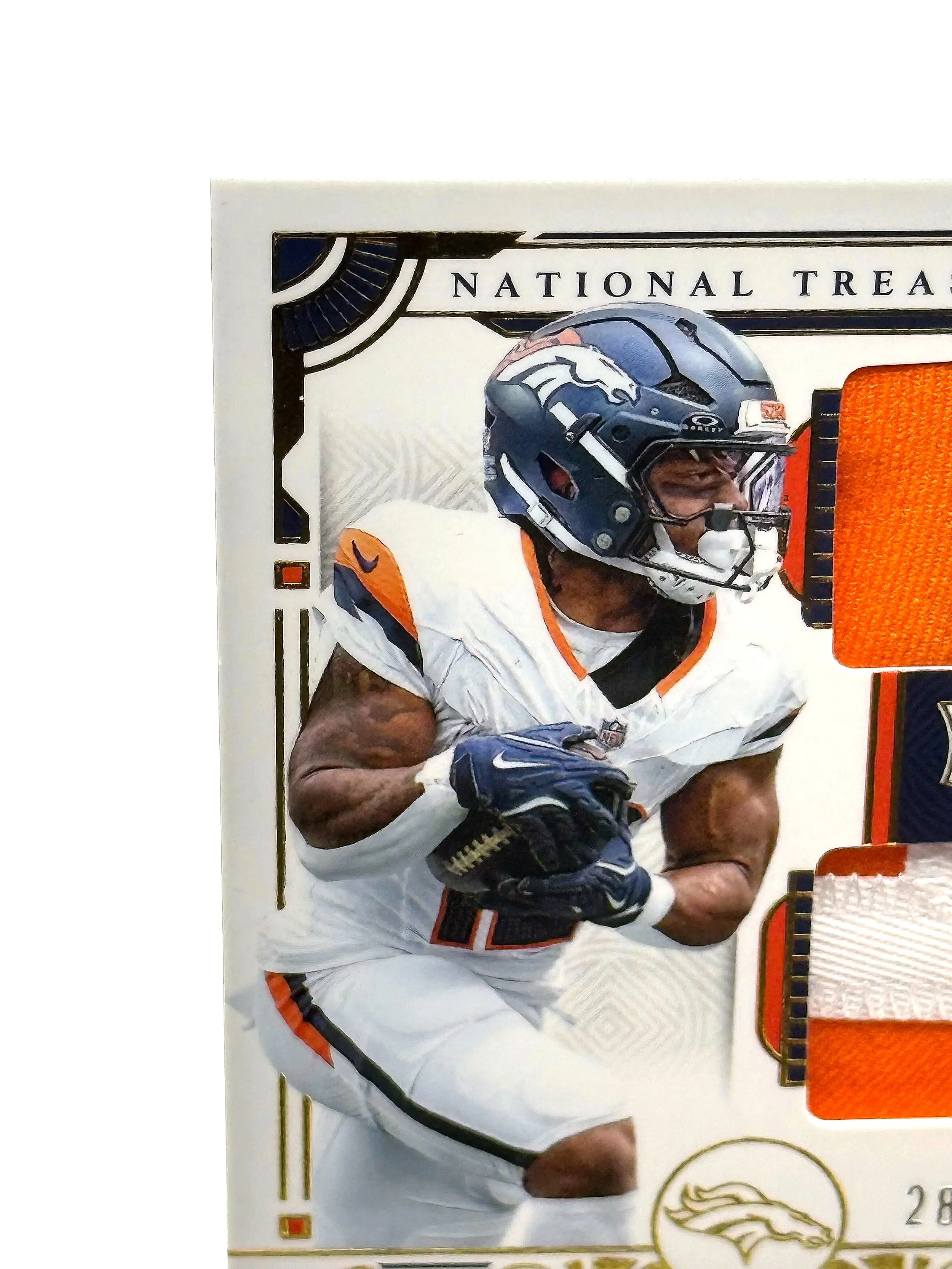 2025 National Treasures RJ Harvey Dual Patch Rookie /35 NT RP #13 Broncos football card top left corner