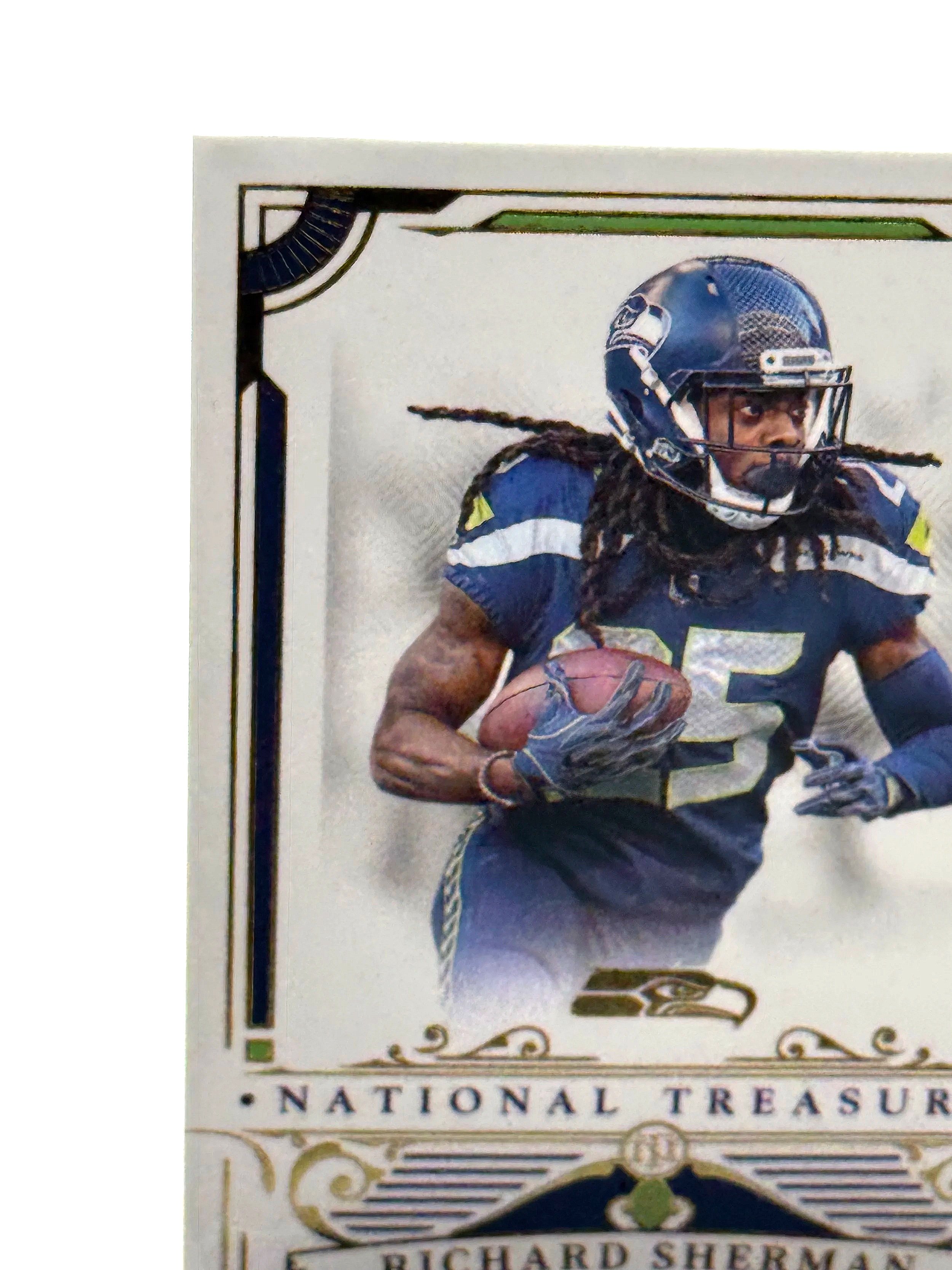 2025 National Treasures Richard Sherman /35 Seahawks football card top left corner