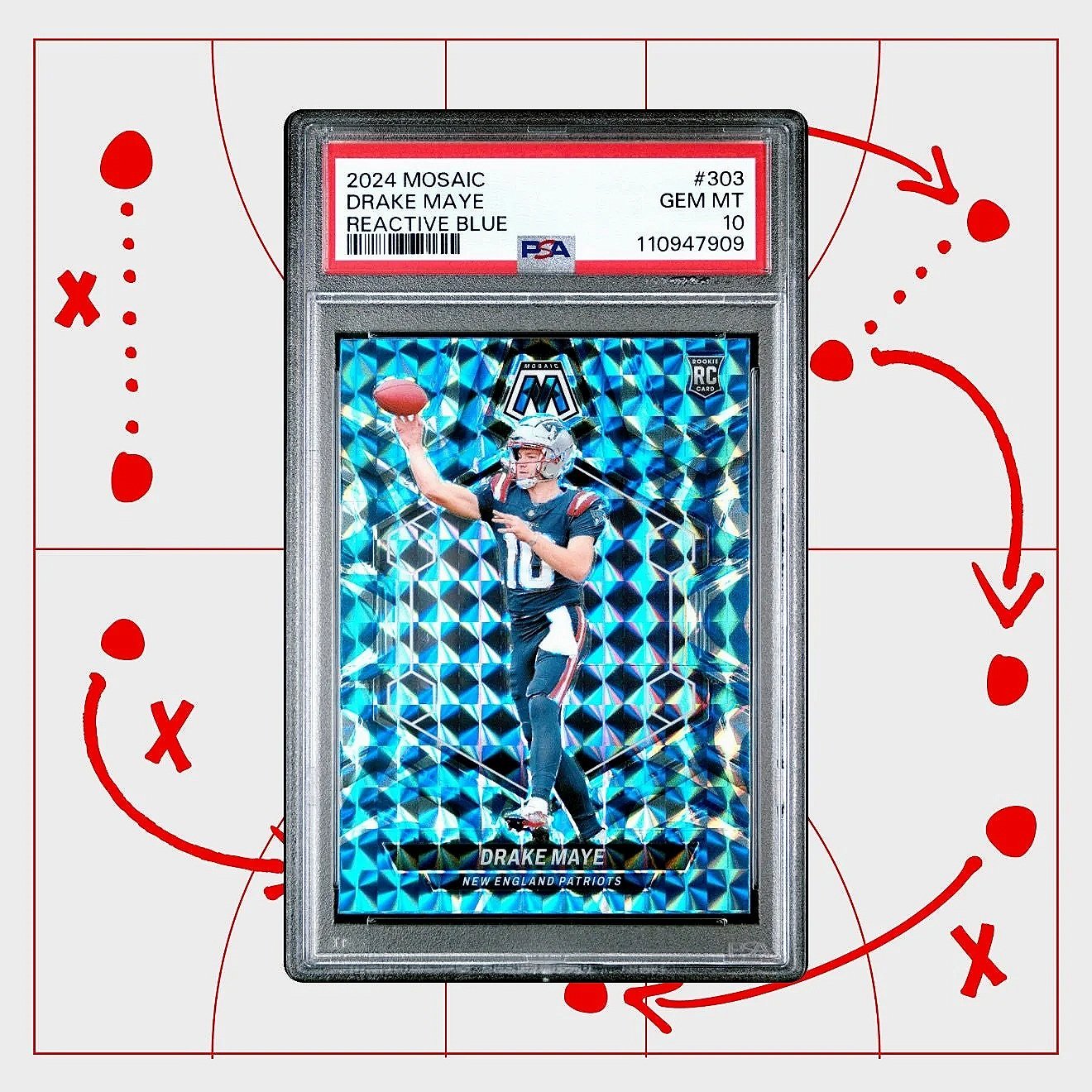 2024 Panini Mosaic Drake Maye Reflective Blue #303 RC - PSA10 - Patriots Football Card Front Variation