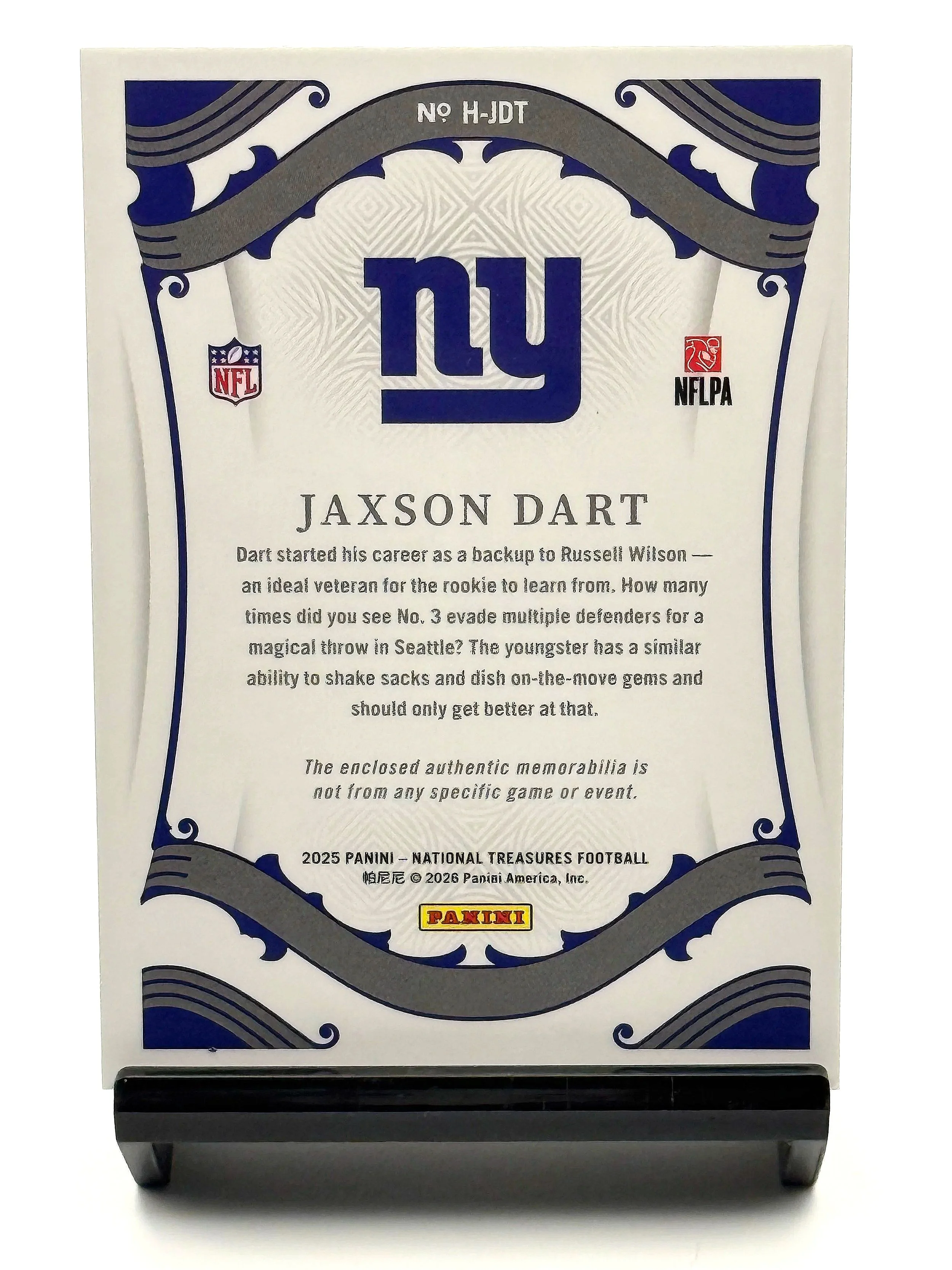 2025 Panini National Treasures Jaxson Dart /10 Heirlooms Gold #H-JDT Giants Football Card Back