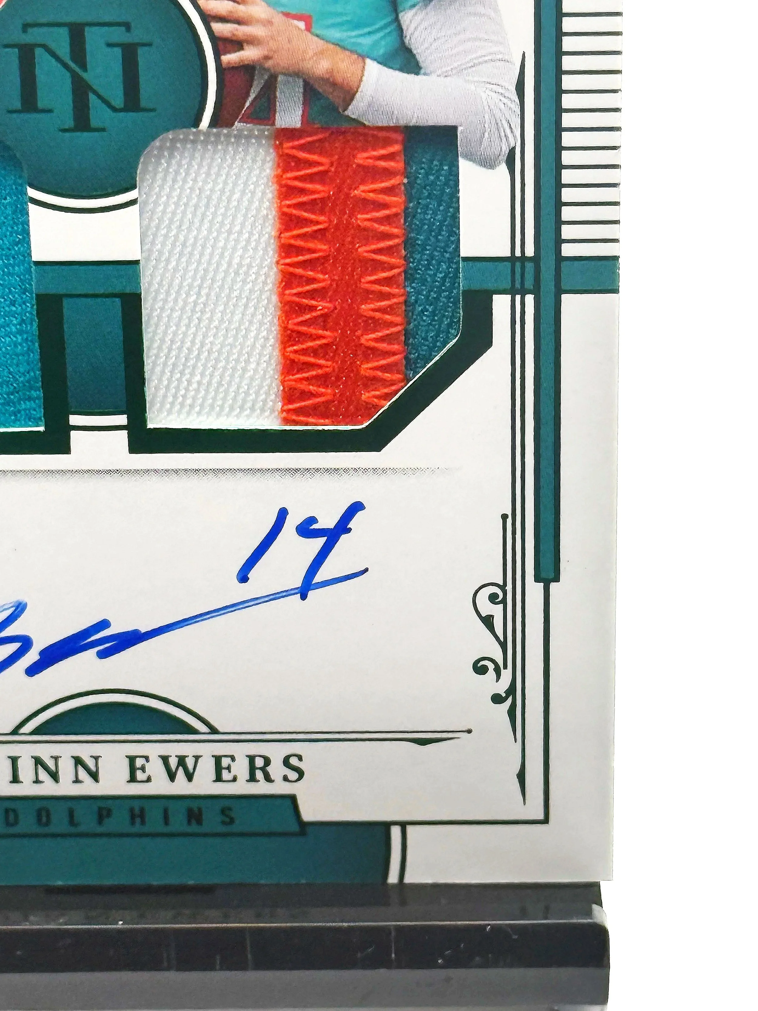 2025 National Treasures Quinn Ewers Rookie Materials Signatures /14 RPA #RMS-QES football card bottom right corner