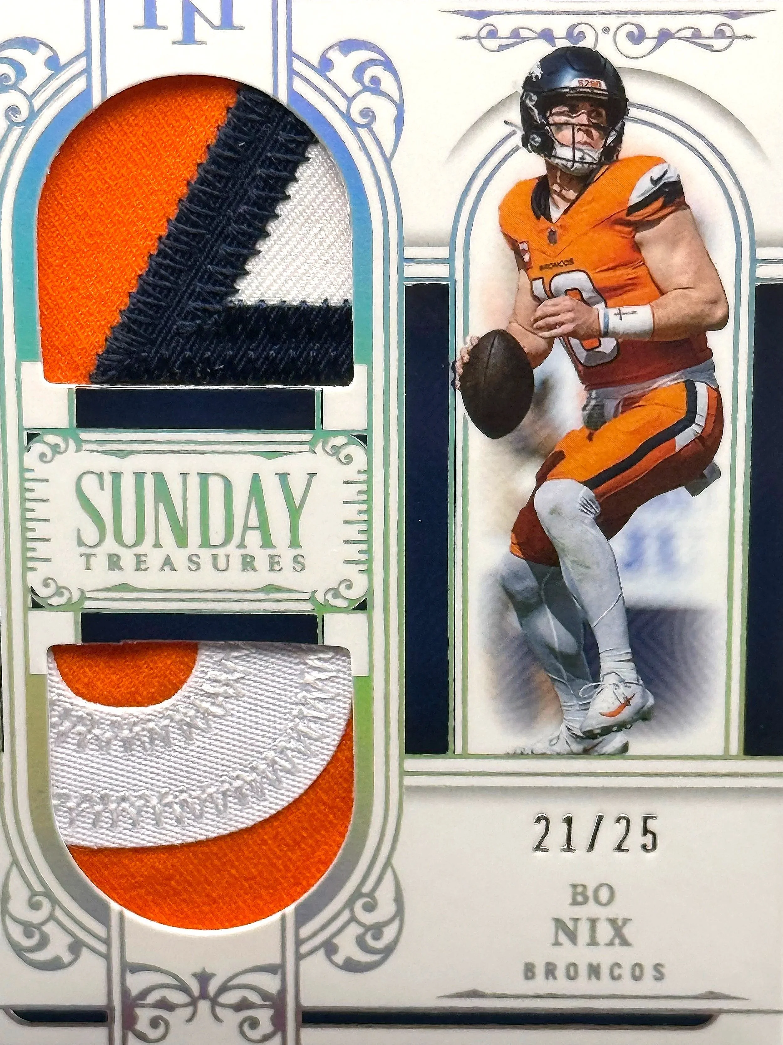 2025 National Treasures Bo Nix Sunday Treasures Dual Patch /25 #ST-BNX Broncos Football Card front detail