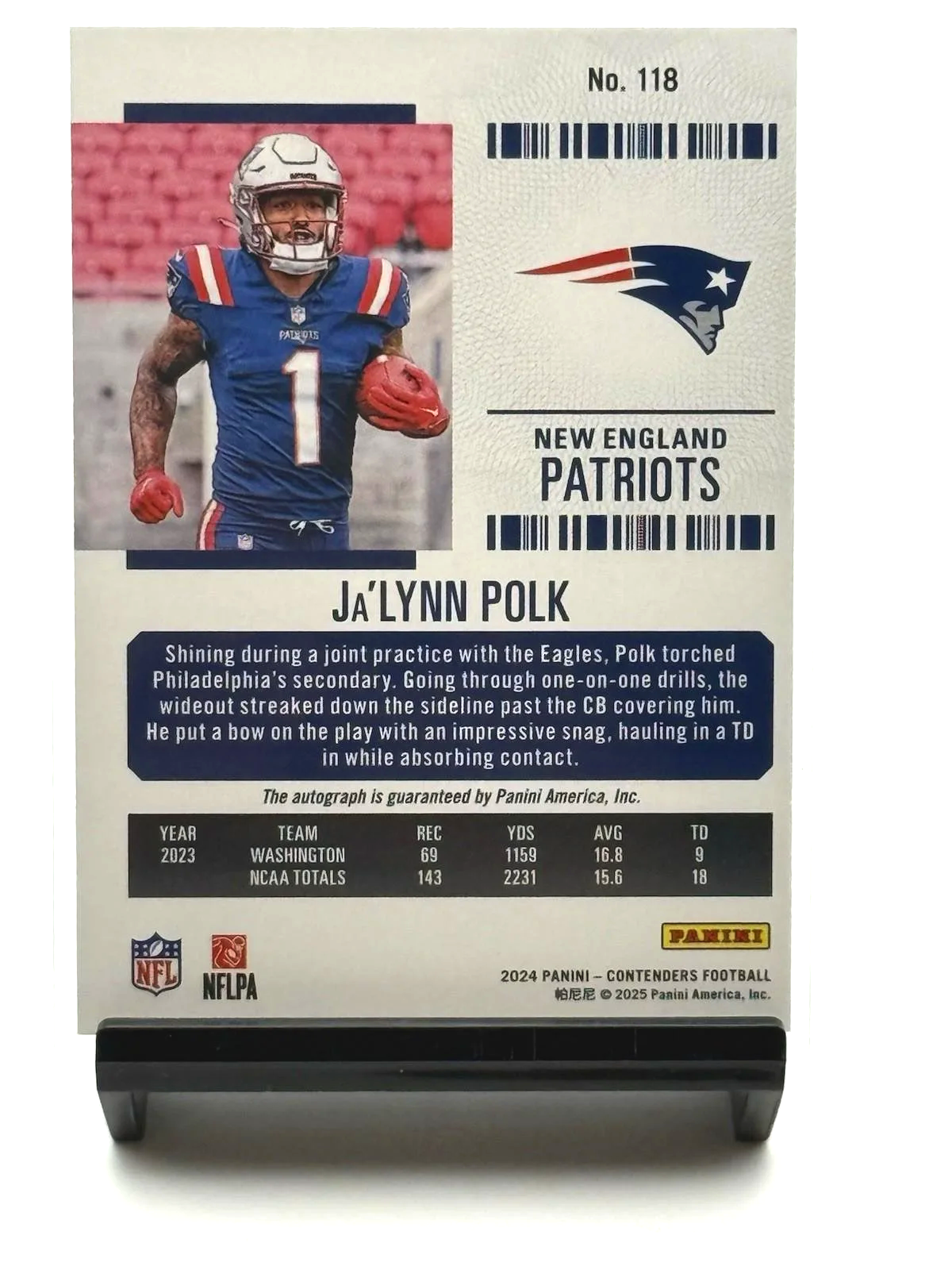 2024 Panini Contenders Ja’lynn Polk Divisional Ticket Auto 88/99 #118 rookie football card back