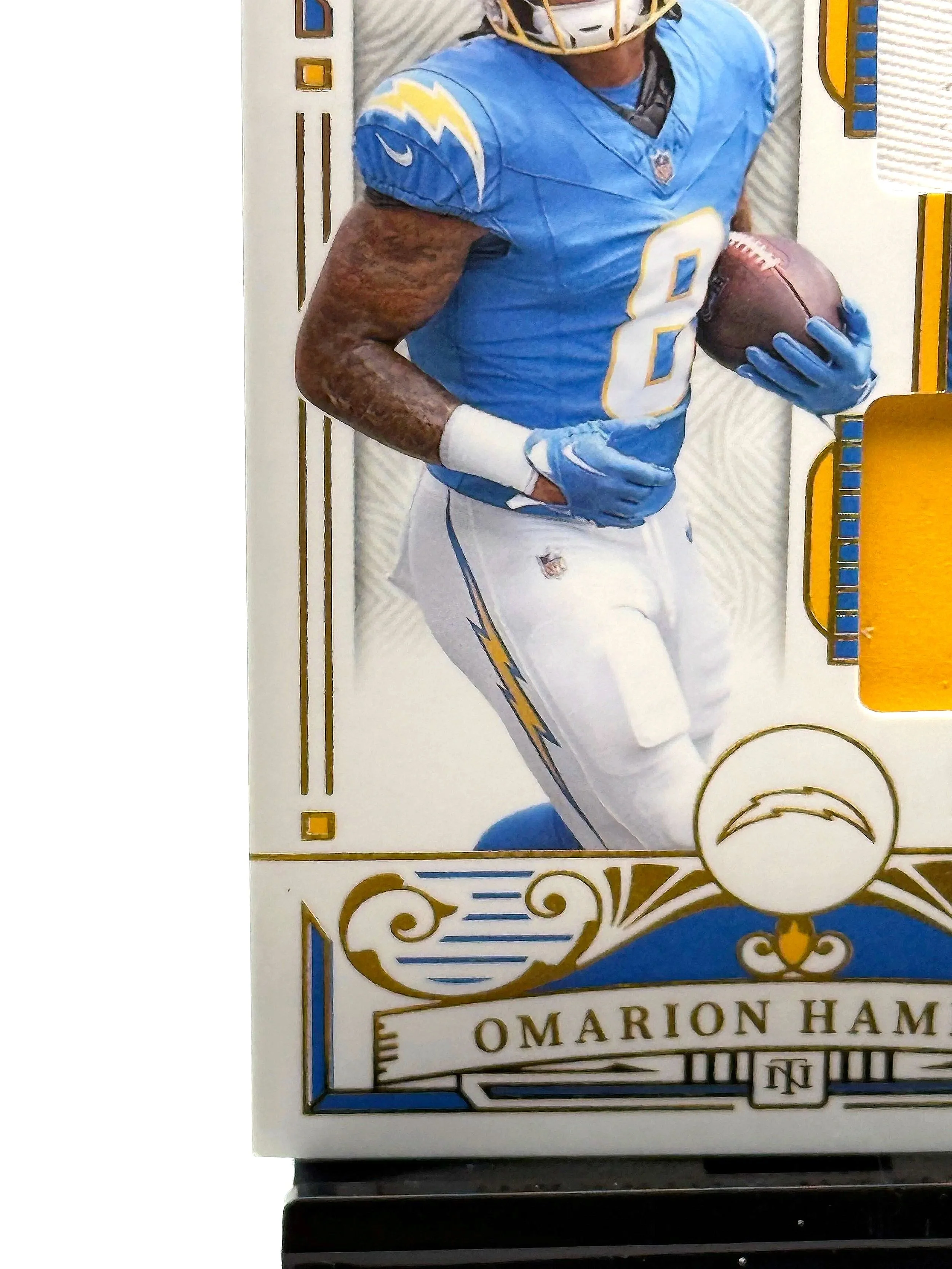 2025 National Treasures Omarion Hampton Dual Patch Rookie /35 NT RC #9 Chargers football card bottom left corner
