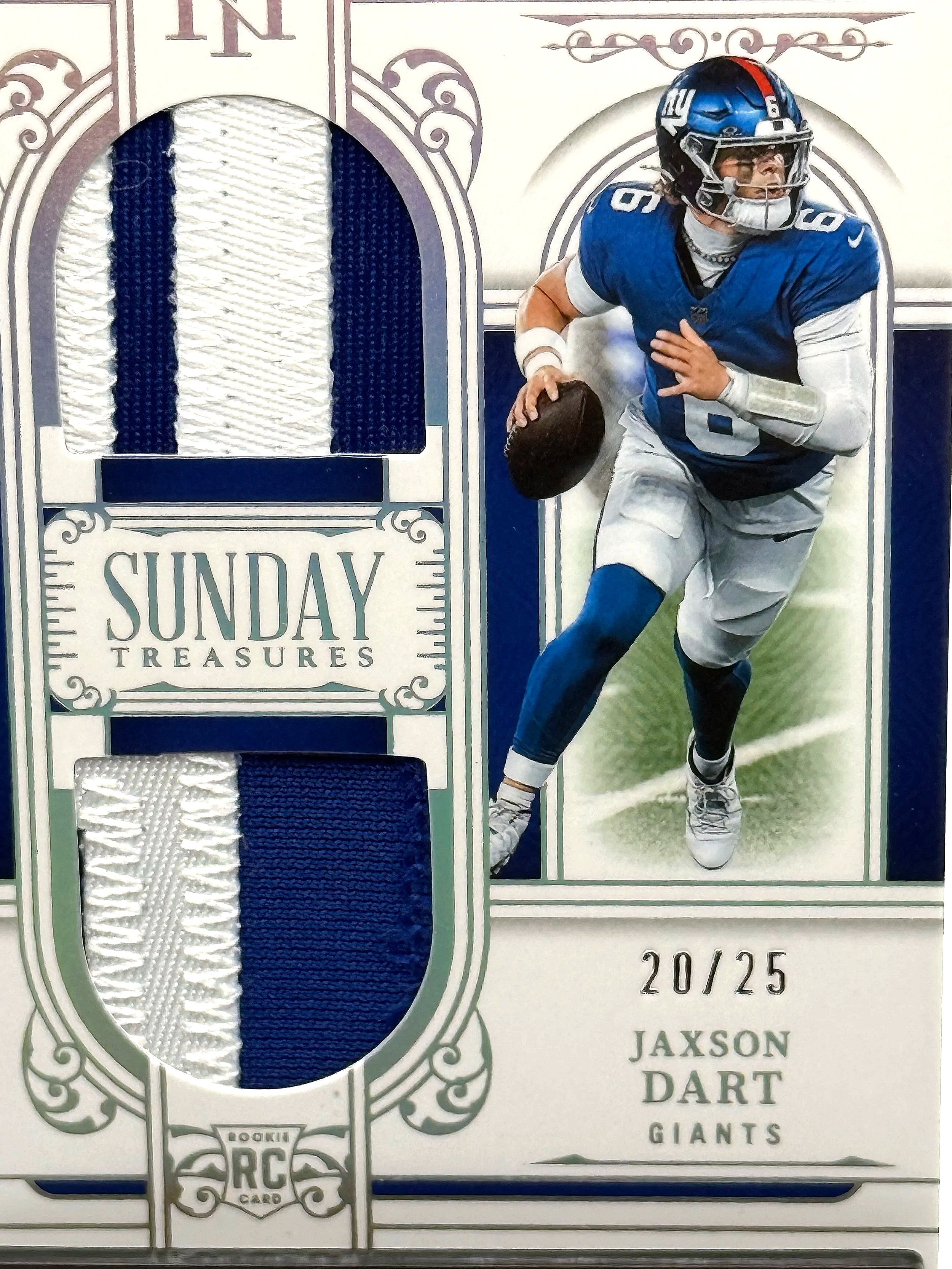 2025 National Treasures Jaxson Dart Dual Patch Holo Silver Rookie /25 Giants Football Card Front Detail
