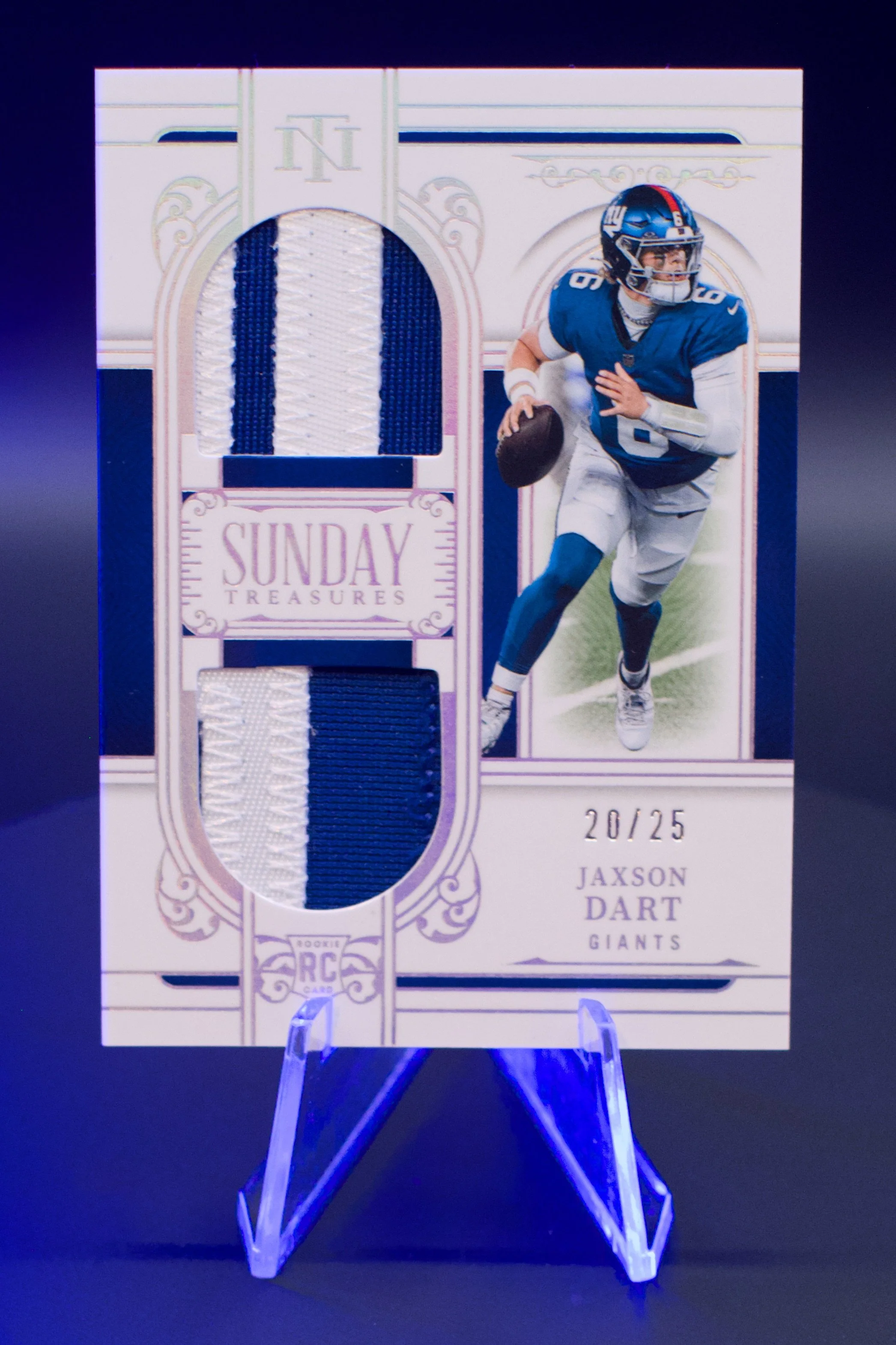 2025 National Treasures Jaxson Dart Dual Patch Holo Silver Rookie /25 Giants