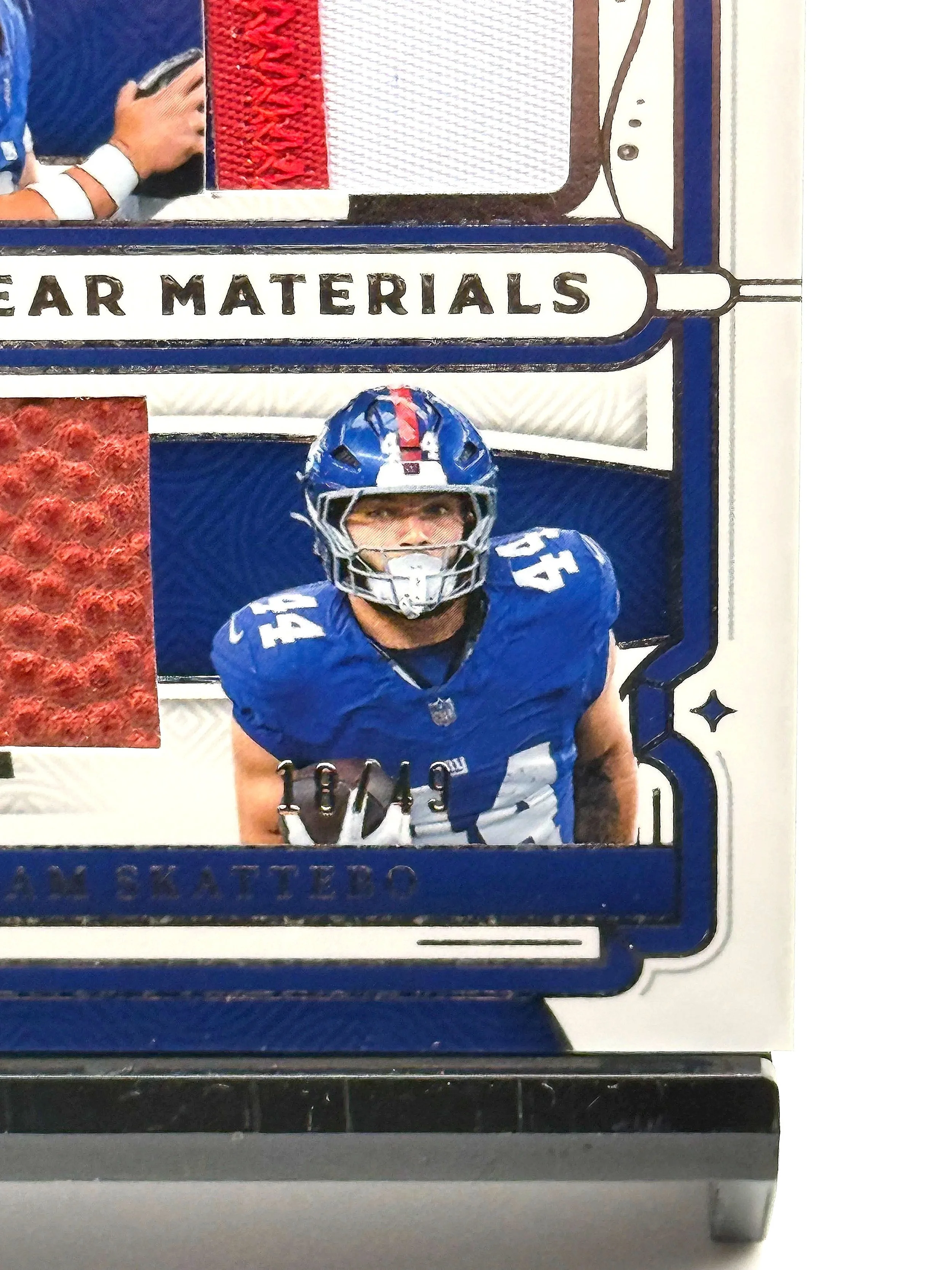 2025 National Treasures Dart / Skattebo NFL Gear Materials Dual Patch #RGCM-DS football card bottom right corner