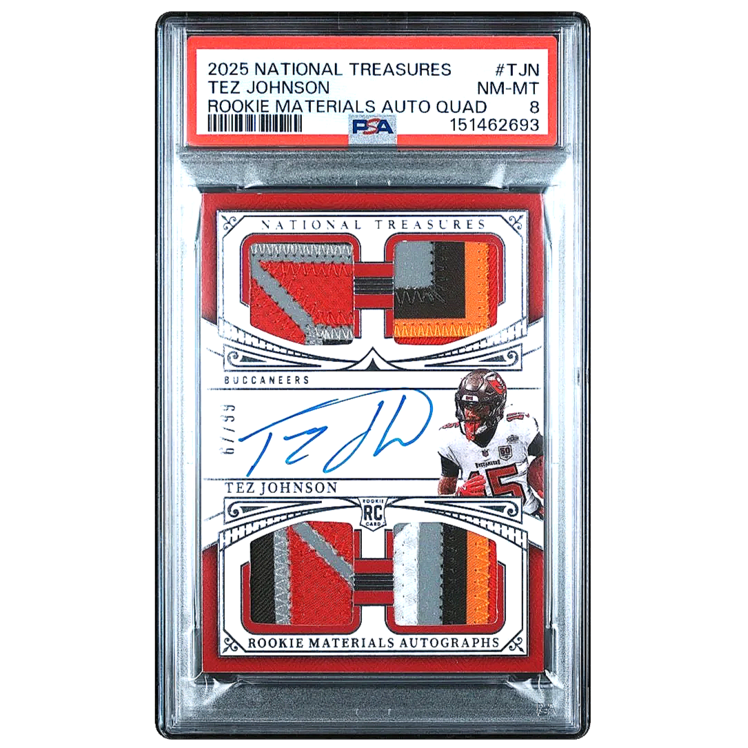 2025 National Treasures Tez Johnson Rookie Materials Auto Quad /99 RMAQ-TZN PSA9