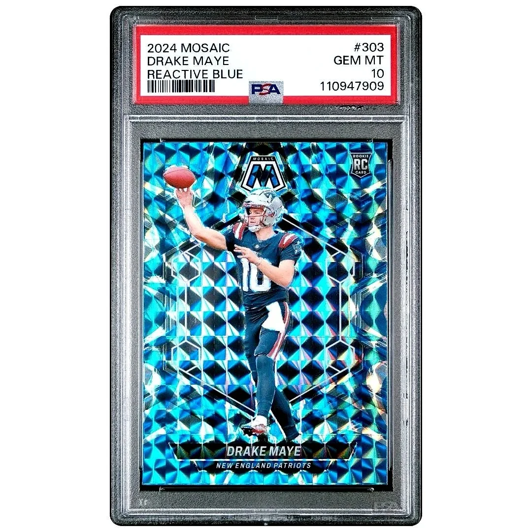 2024 Panini Mosaic Drake Maye Reflective Blue #303 RC - PSA10 - Patriots Football Card Front