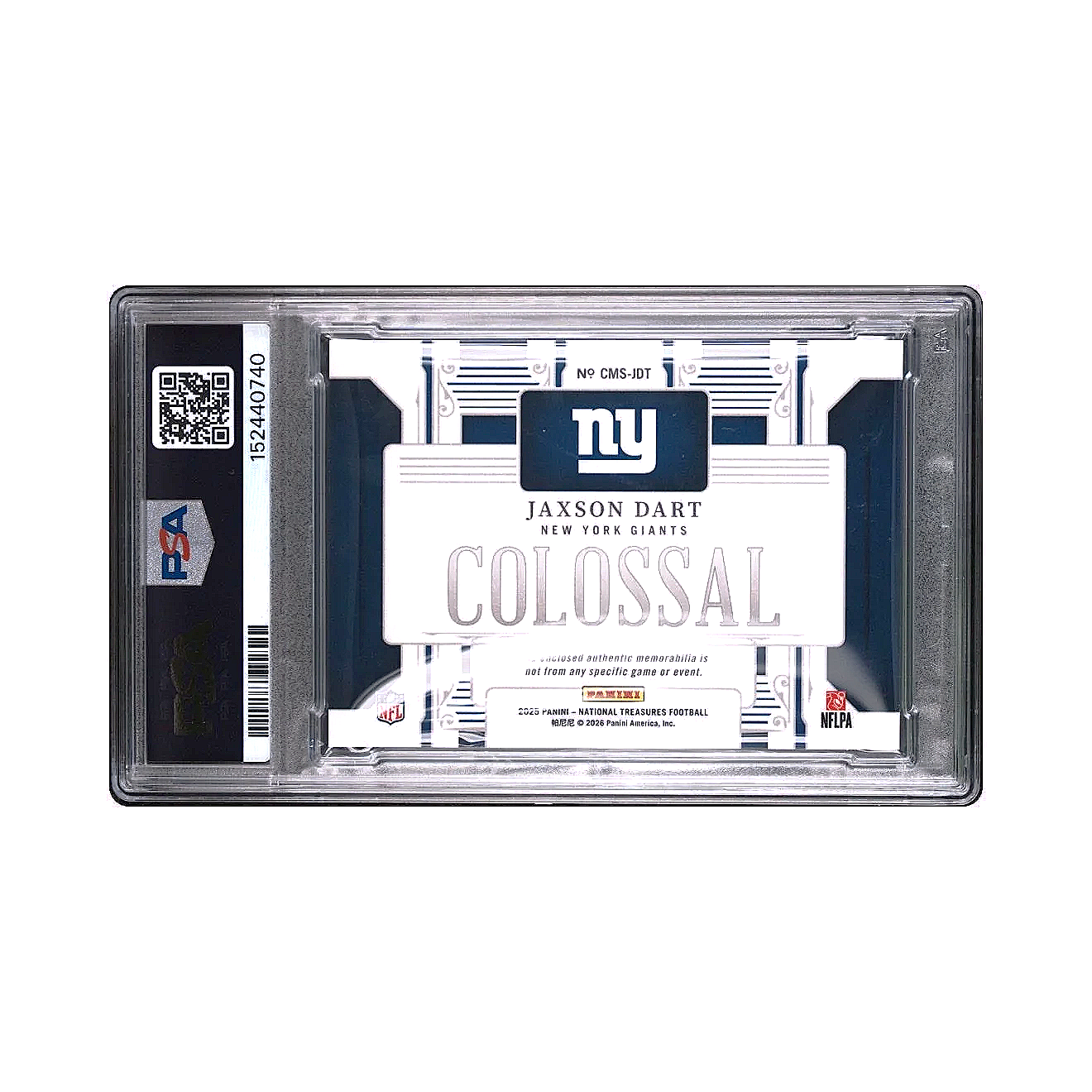 2025 National Treasures Jaxson Dart Colossal Materials Gold /10 PSA10 - Pop 1 Football Card Back - Horizontal