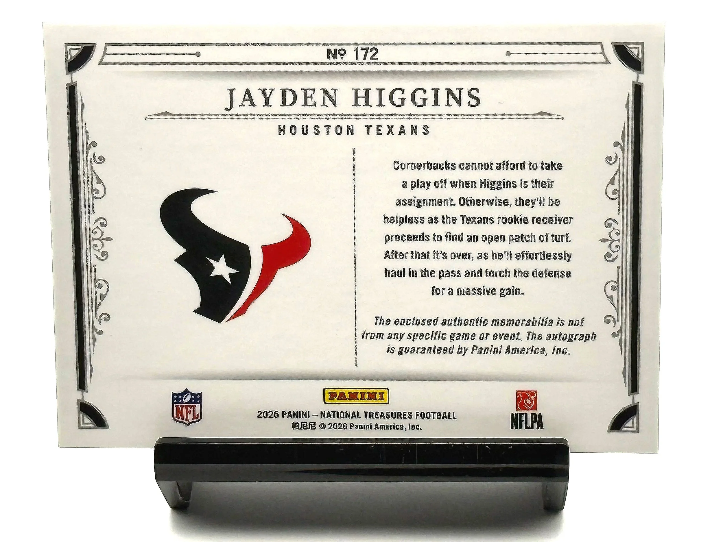 2025 National Treasures Jayden Higgins Rookie Patch Auto NT RPA #172 Texans football card back