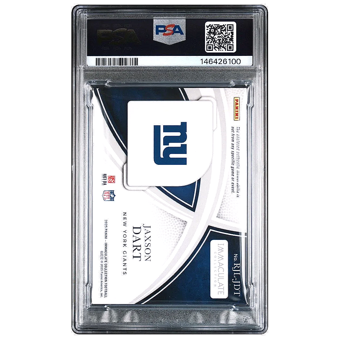 2025 Immaculate Jaxson Dart Rookie Jumbo Logo Player Caps /3 #RJL-JDT PSA7 Football Card Slab Back