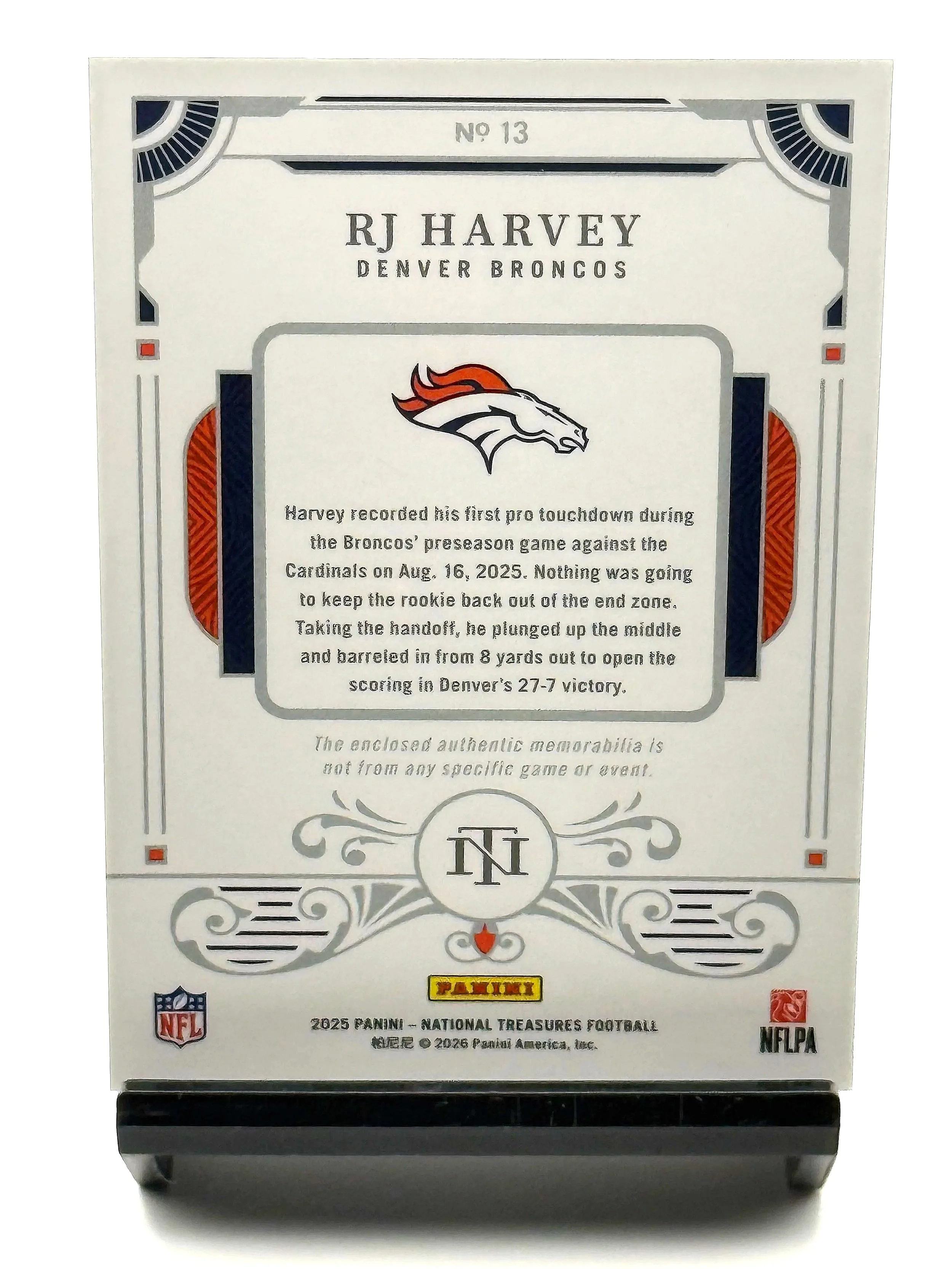 2025 National Treasures RJ Harvey Dual Patch Rookie /35 NT RP #13 Broncos football card back