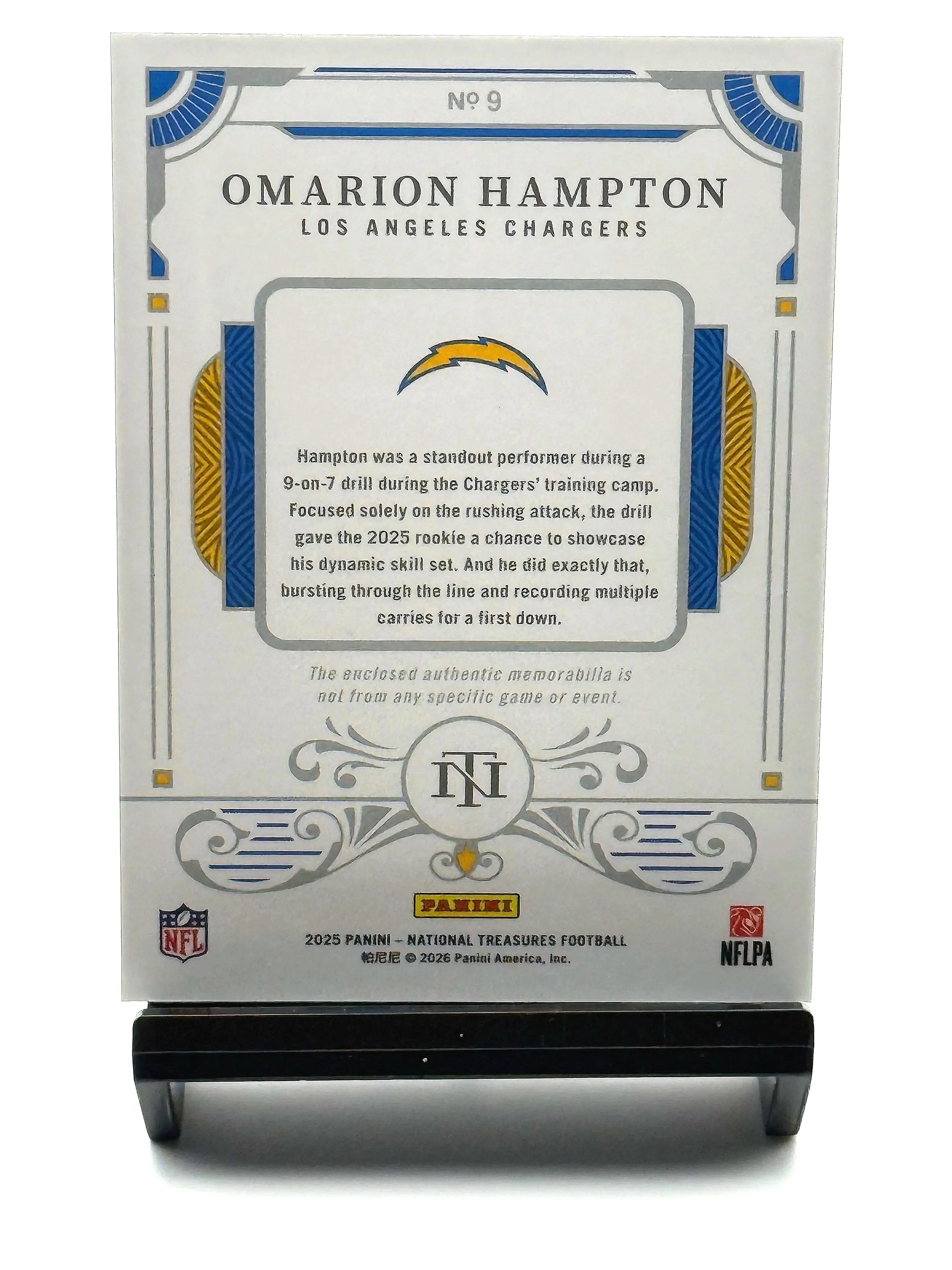 2025 National Treasures Omarion Hampton Dual Patch Rookie /35 NT RC #9 Chargers football card back