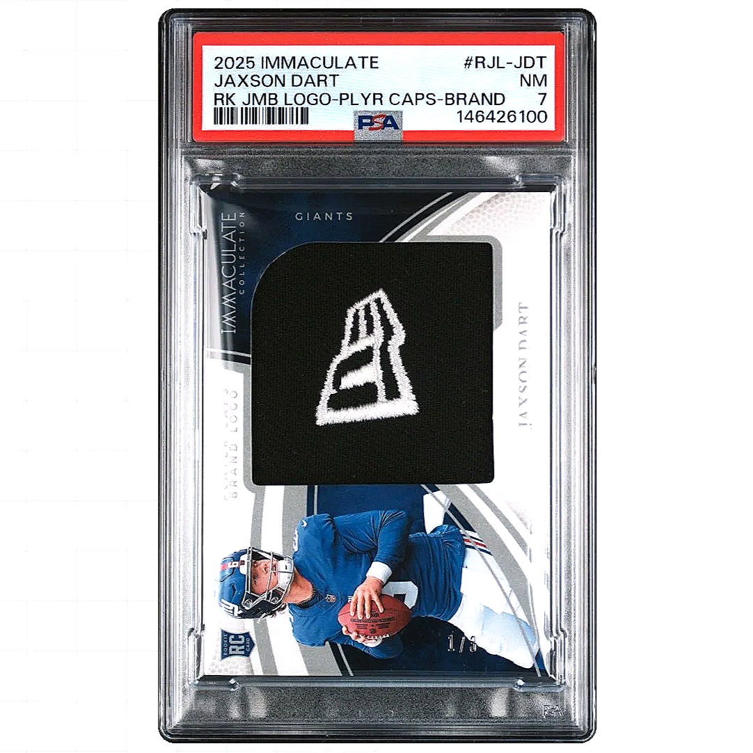 2025 Immaculate Jaxson Dart Rookie Jumbo Logo Player Caps /3 #RJL-JDT PSA7 Football Card Slab Front