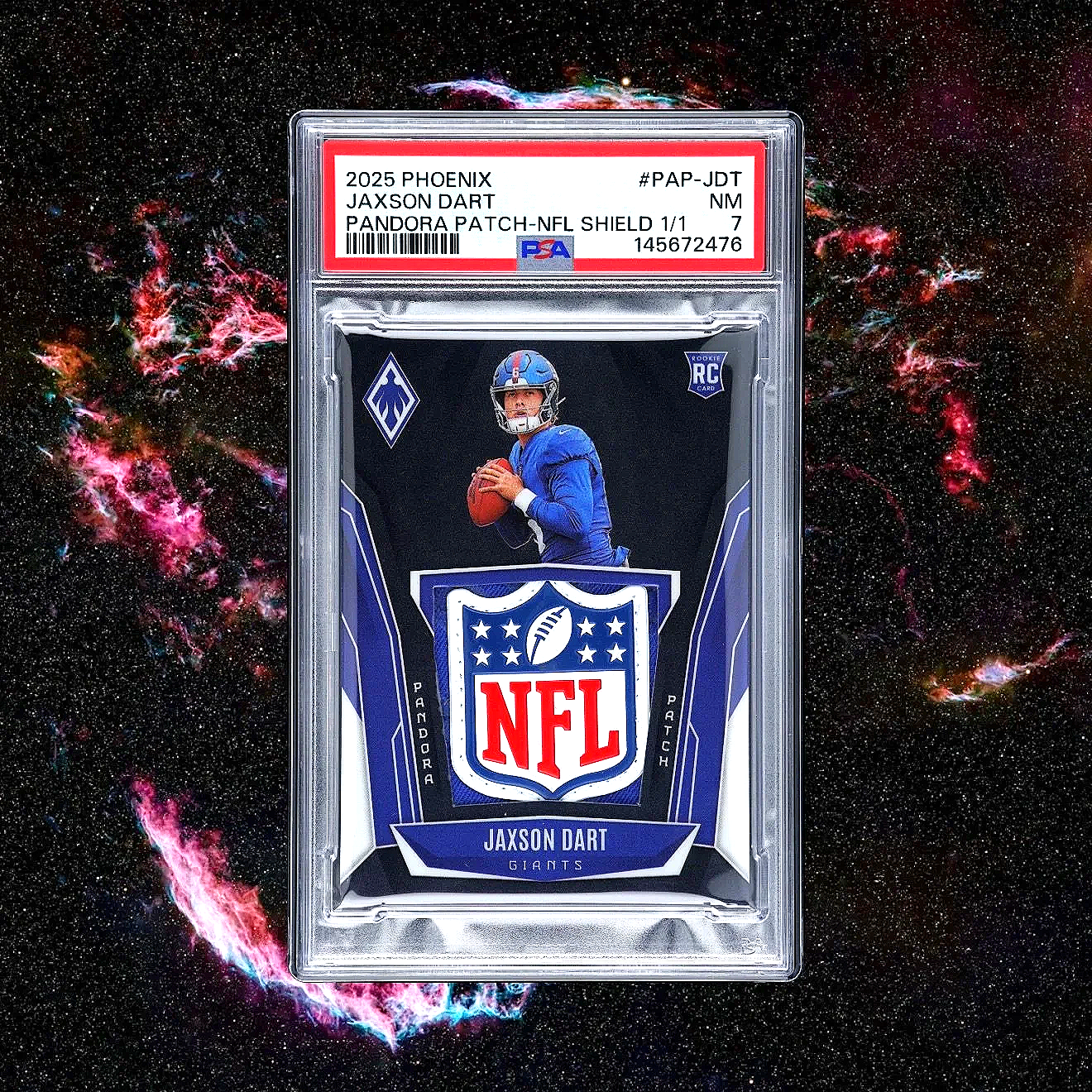 2025 Phoenix Jaxson Dart Pandora Patch-NFL Shield 1/1 football card front studio