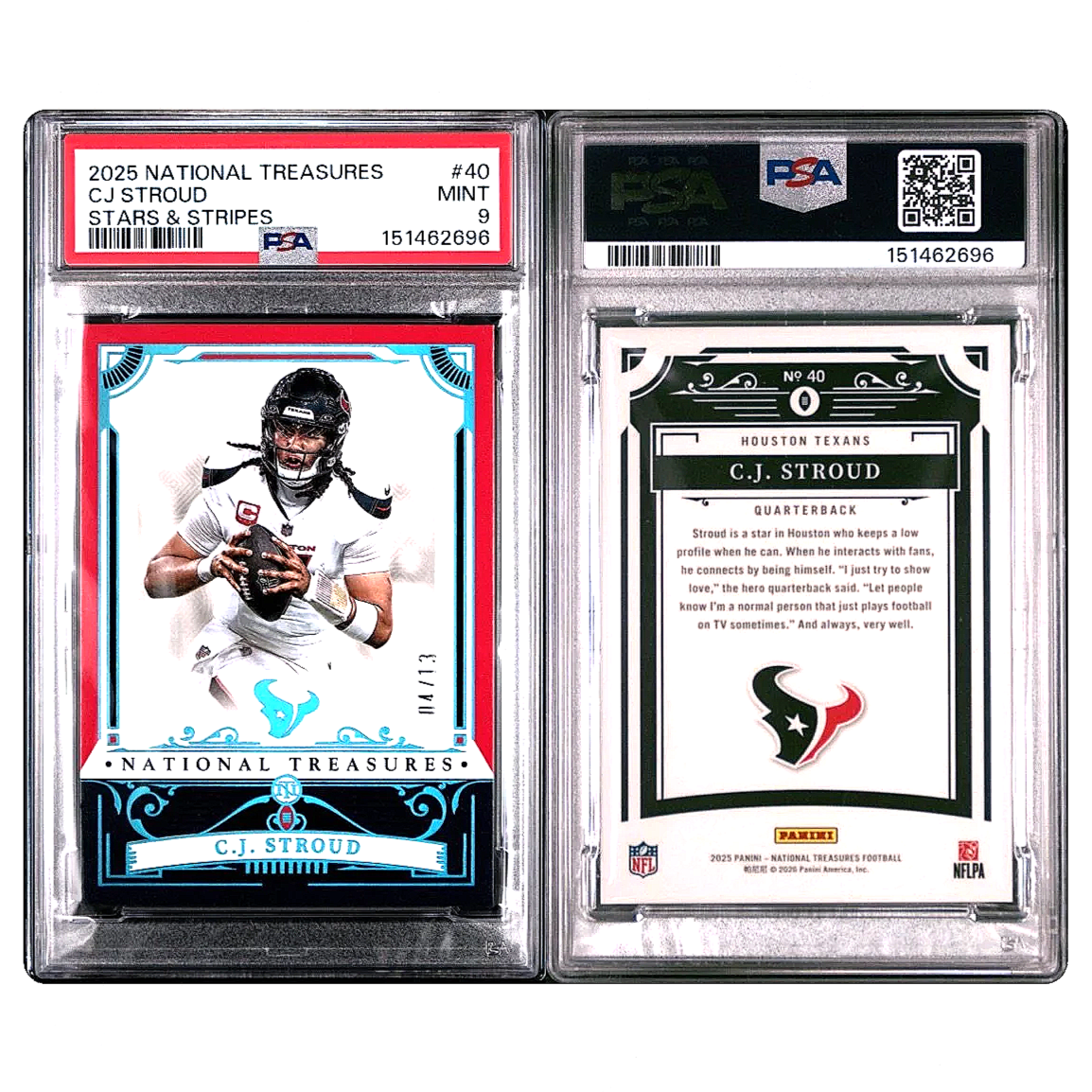 2025 National Treasures CJ Stroud Stars & Stripes Card - PSA 9 Football Card Slab Side by Side