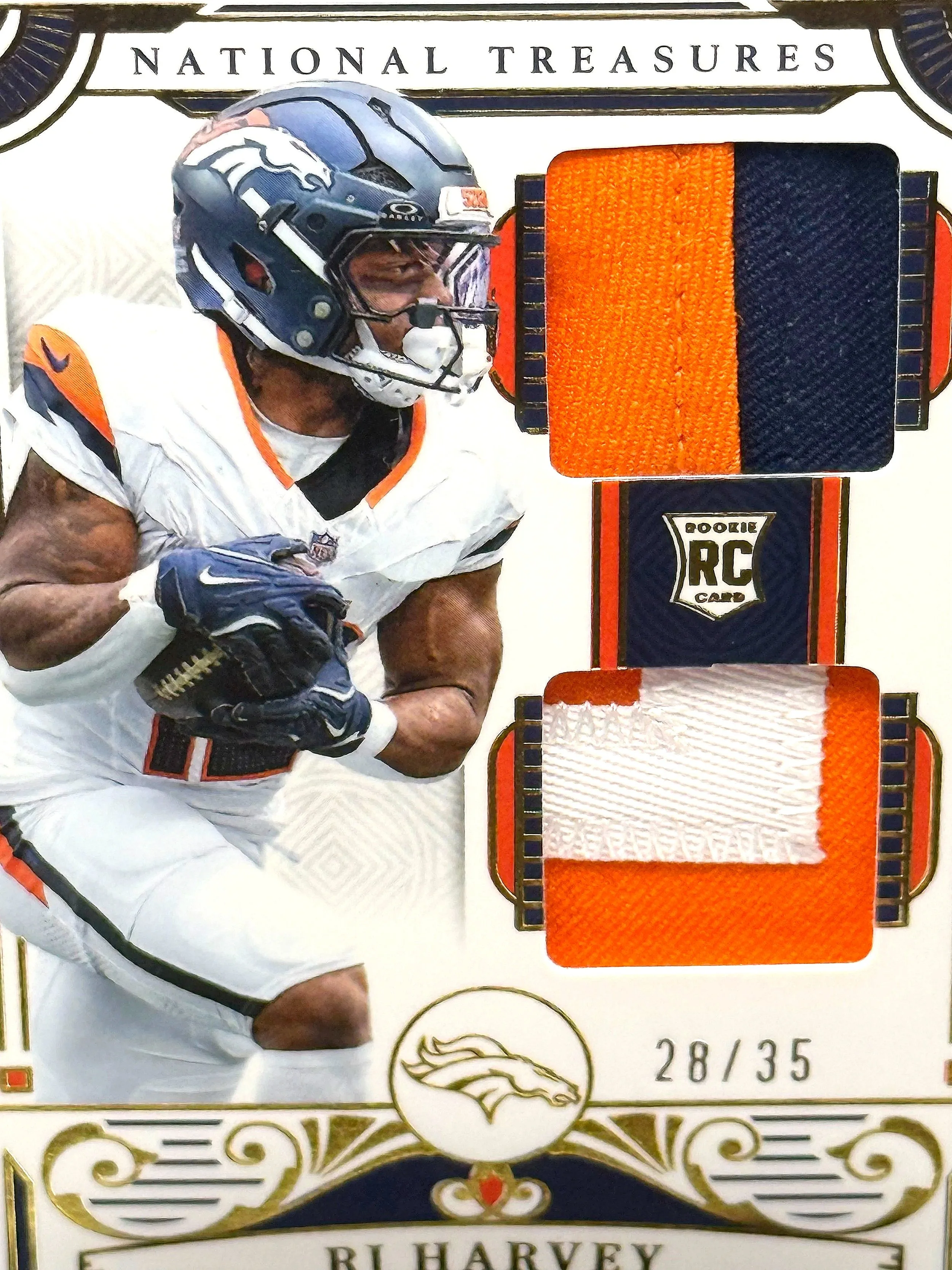 2025 National Treasures RJ Harvey Dual Patch Rookie /35 NT RP #13 Broncos football card front detail