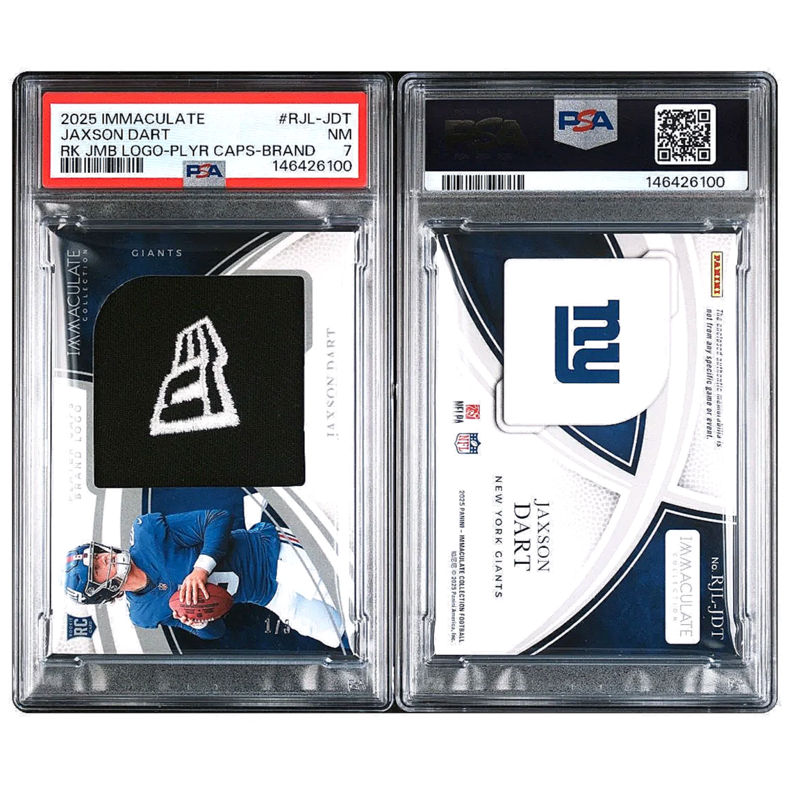 2025 Immaculate Jaxson Dart Rookie Jumbo Logo Player Caps /3 #RJL-JDT PSA7 Football Card Slab Side by Side