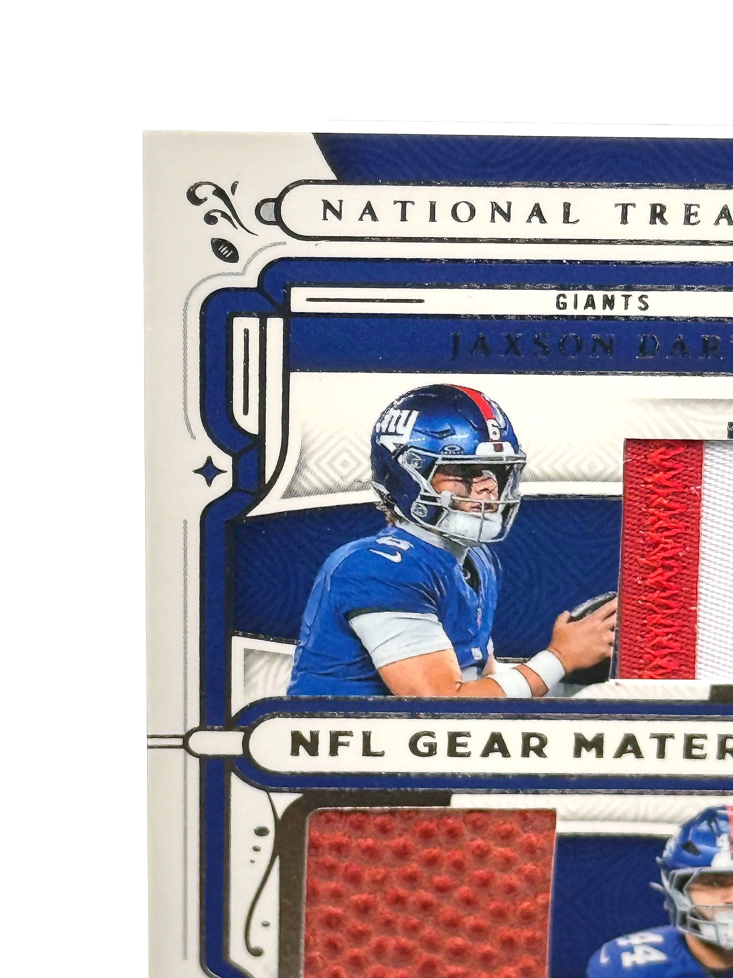 2025 National Treasures Dart / Skattebo NFL Gear Materials Dual Patch #RGCM-DS football card top left corner
