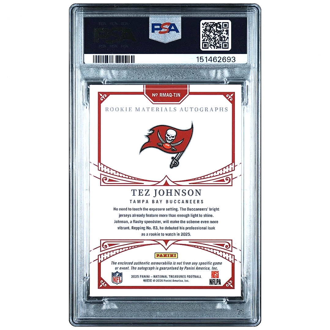 2025 National Treasures Tez Johnson Rookie Materials Auto Quad /99 RMAQ-TZN PSA9 Football Card Slab Back