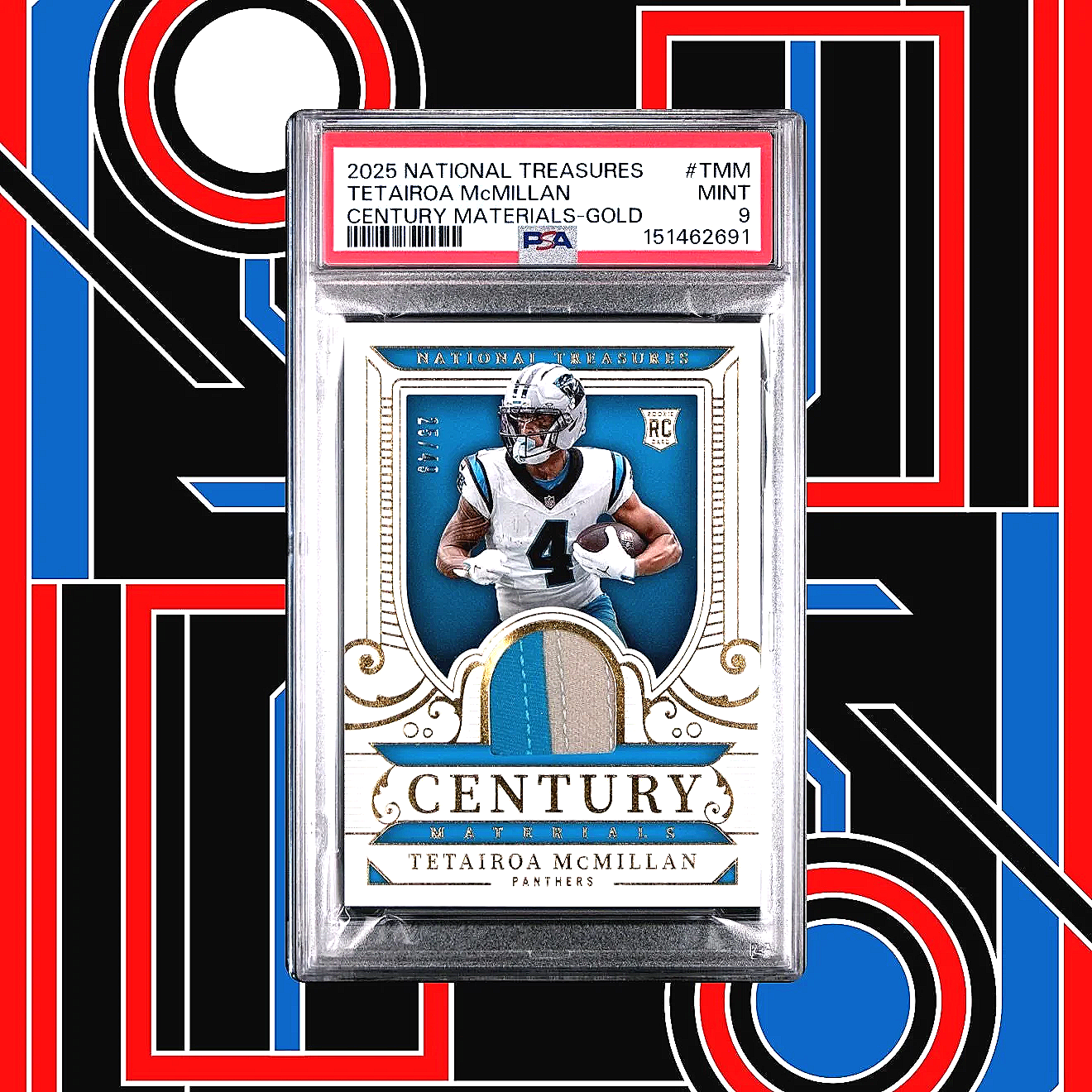 2025 National Treasures Tetairoa McMillan Century Materials Gold /49 #RMAQ-THM Football Card Front Studio