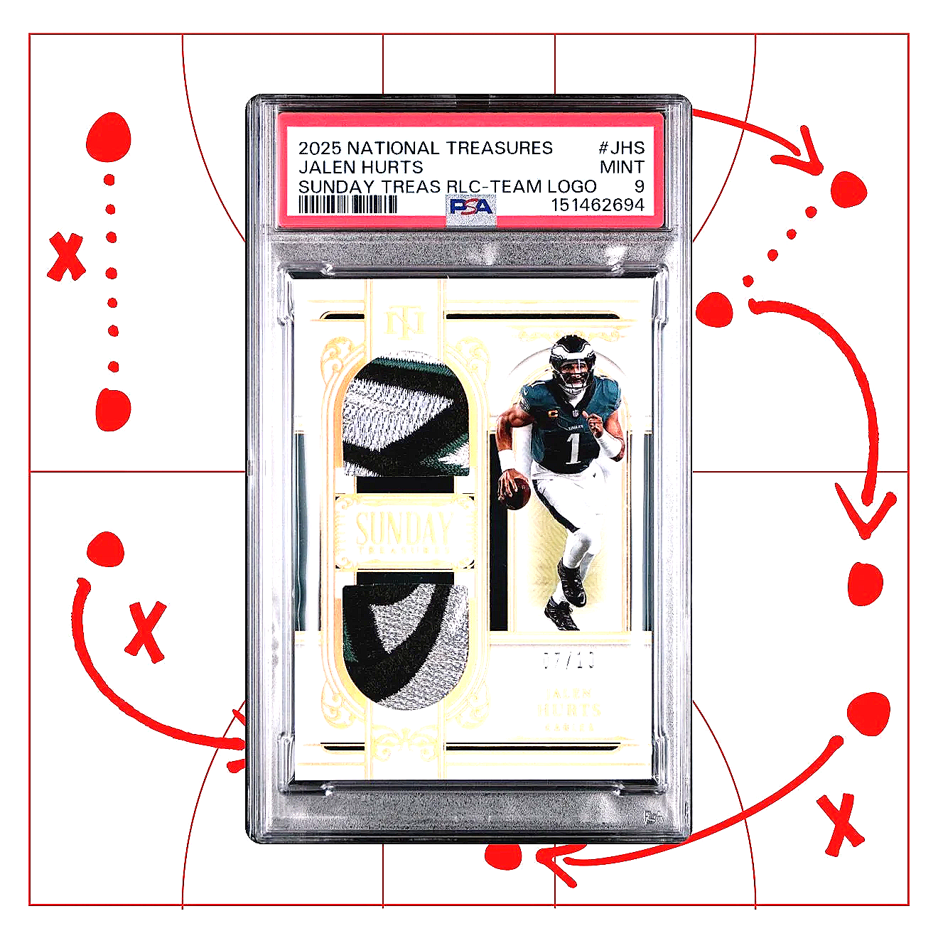 2025 National Treasures Jalen Hurts Sunday Treasures Relic Team Logo /10 PSA9 Football Card Front Studio