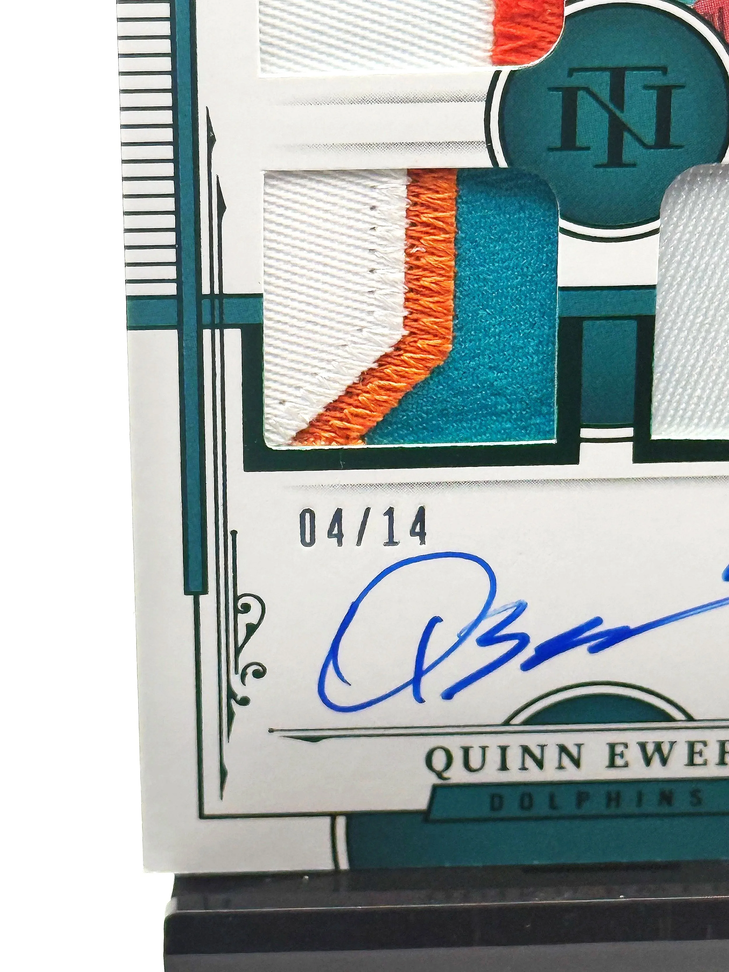 2025 National Treasures Quinn Ewers Rookie Materials Signatures /14 RPA #RMS-QES football card bottom left corner
