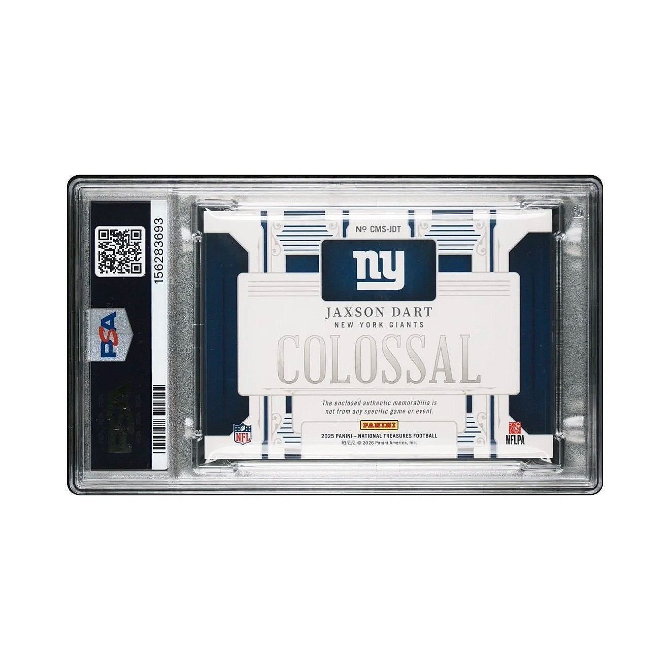 2025 Panini National Treasures Jaxson Dart Colossal Materials #JDT /49 RC PSA8 - Giants Football Card Back Horizontal