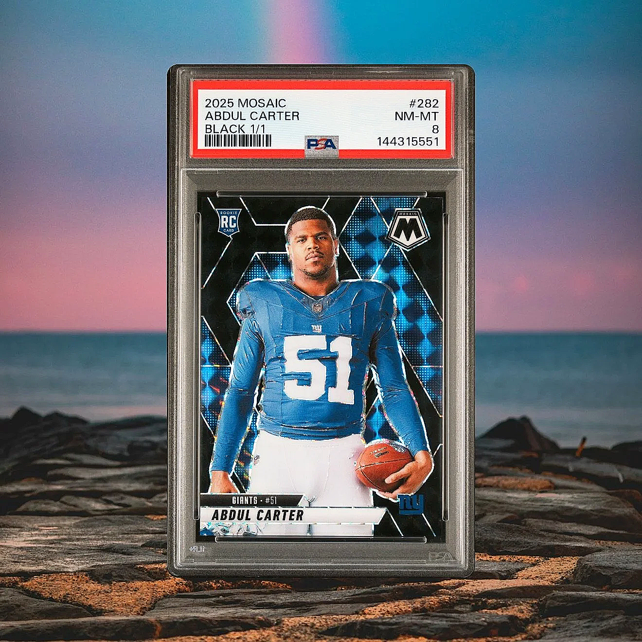 2025 Mosaic Abdul Carter Black 1/1 #282 PSA8 football card front studio