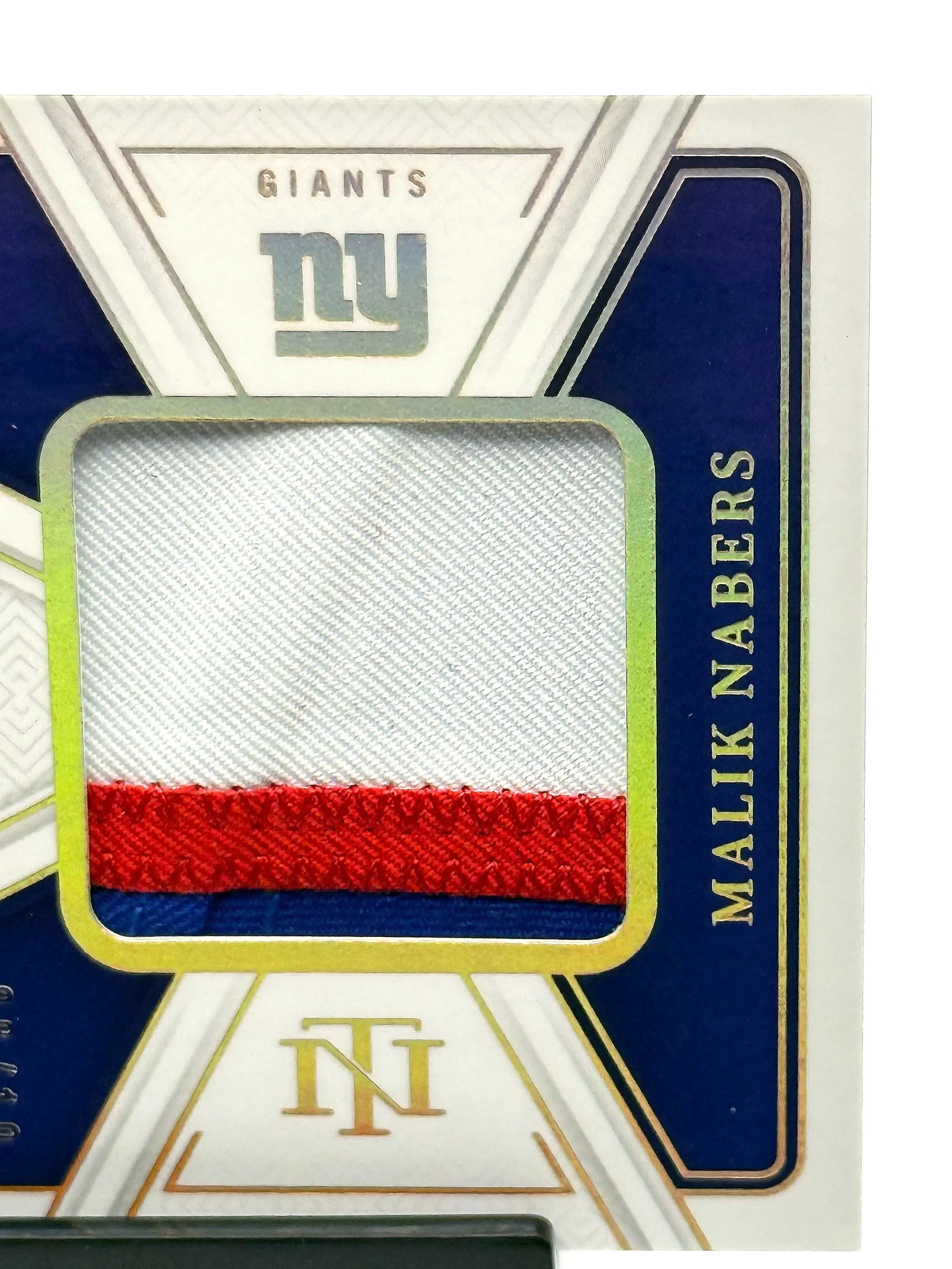 2024 National Treasures Malik Nabers Gold Rookie /10 3-Color Patch TP-MNS Giants Football Card Top Right Corner