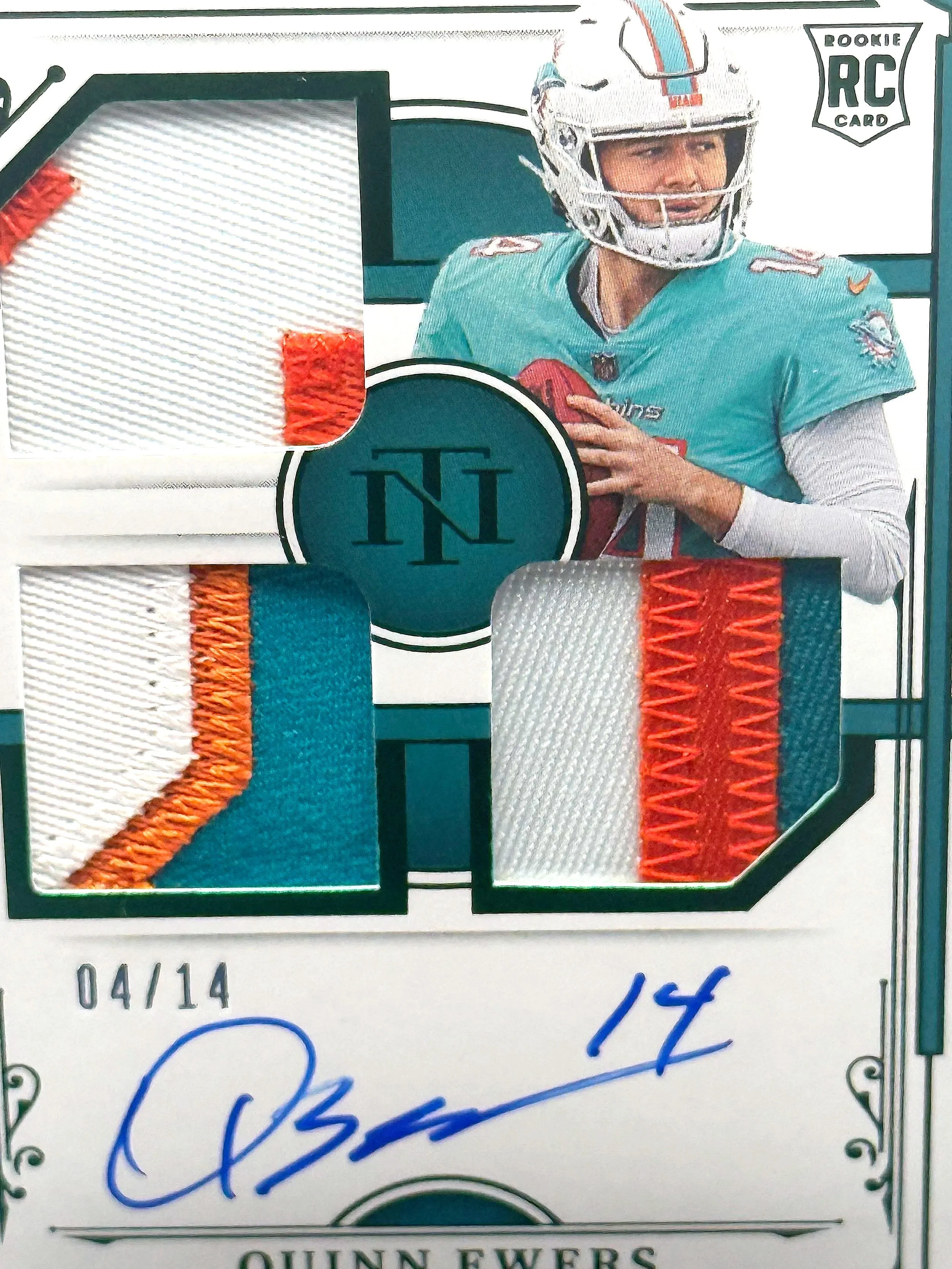 2025 National Treasures Quinn Ewers Rookie Materials Signatures /14 RPA #RMS-QES football card front detail