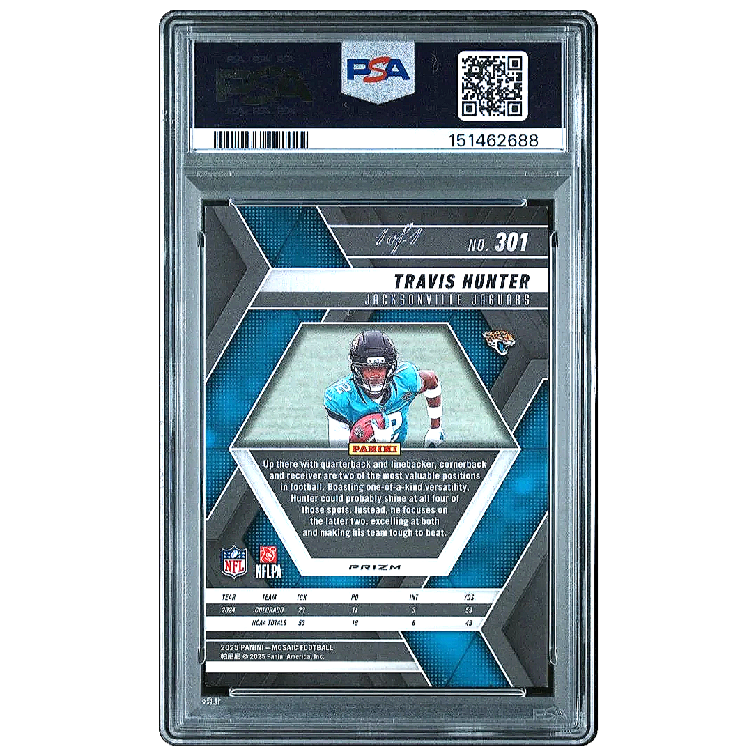 2025 Mosaic Travis Hunter Black No Huddle Rookie 1/1 #301 PSA9 - Jaguars Football Card Slab Back