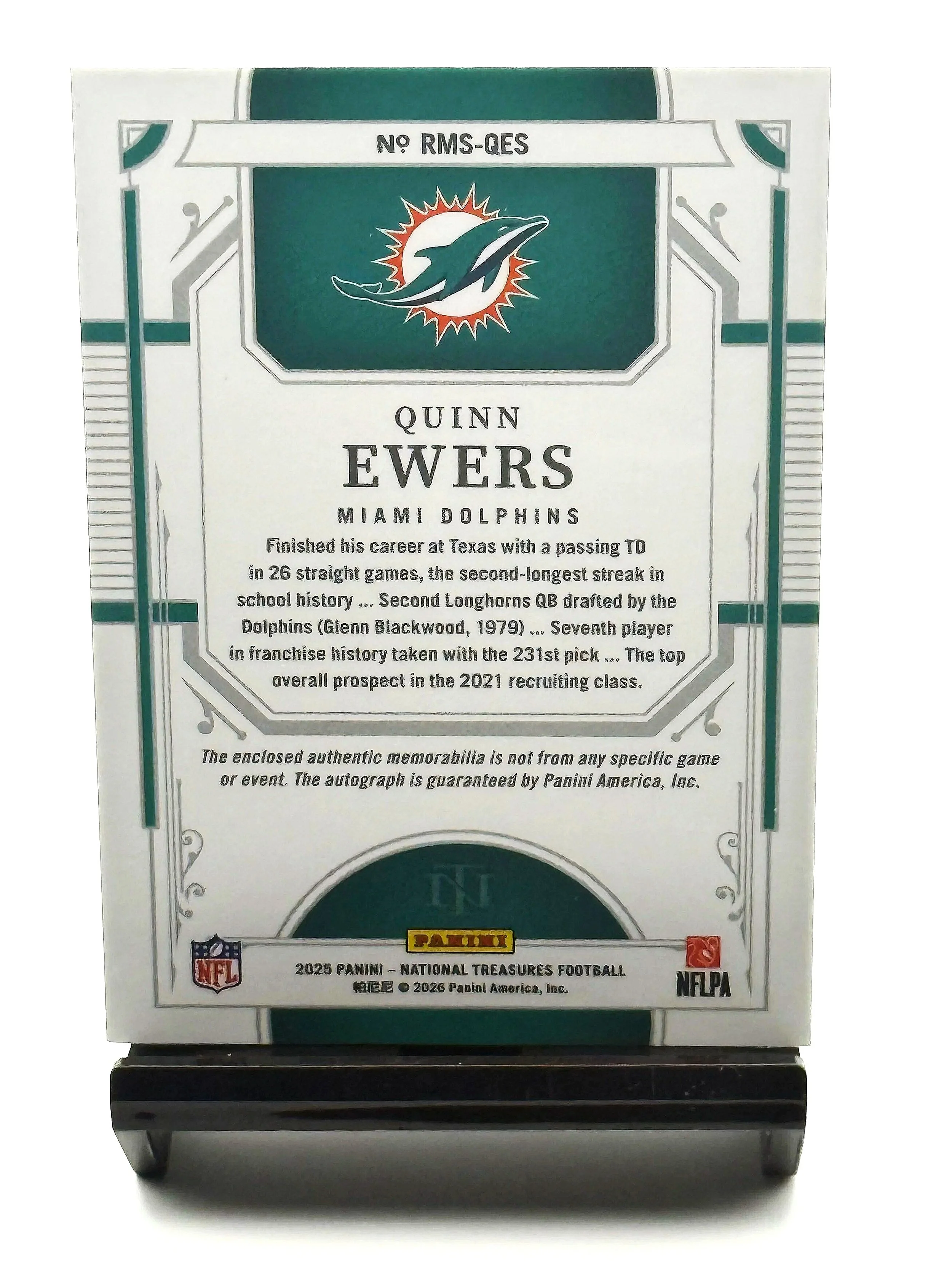 2025 National Treasures Quinn Ewers Rookie Materials Signatures /14 RPA #RMS-QES football card back