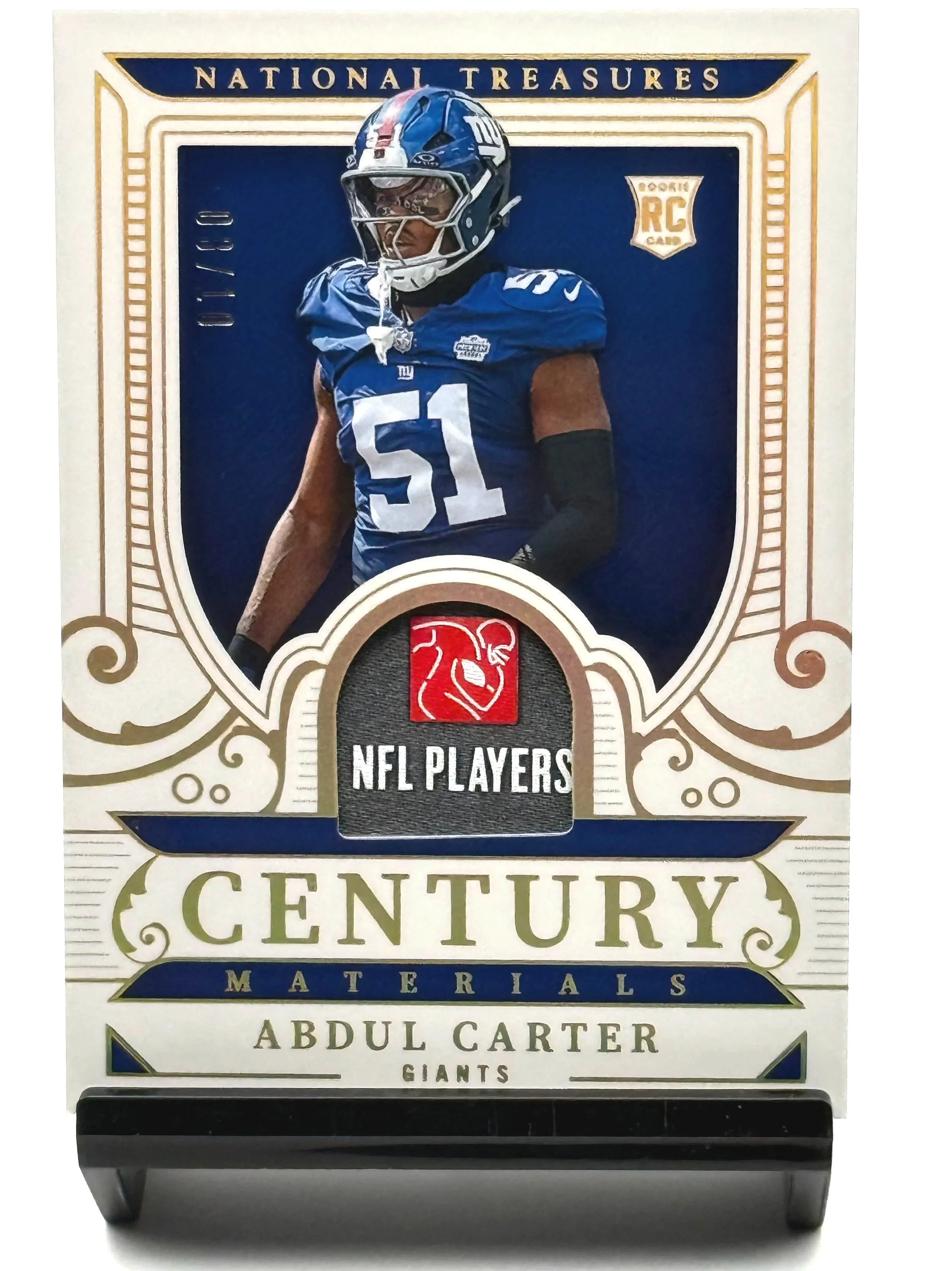 2025 Panini National Treasures Abdul Carter Century Materials NFL Players Patch /10 rookie card front, New York Giants memorabilia card