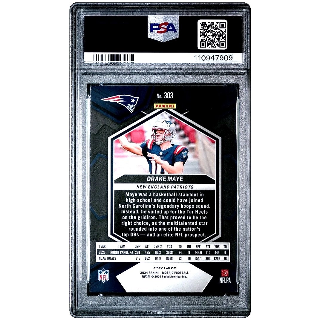 2024 Panini Mosaic Drake Maye Reflective Blue #303 RC - PSA10 - Patriots Football Card Back