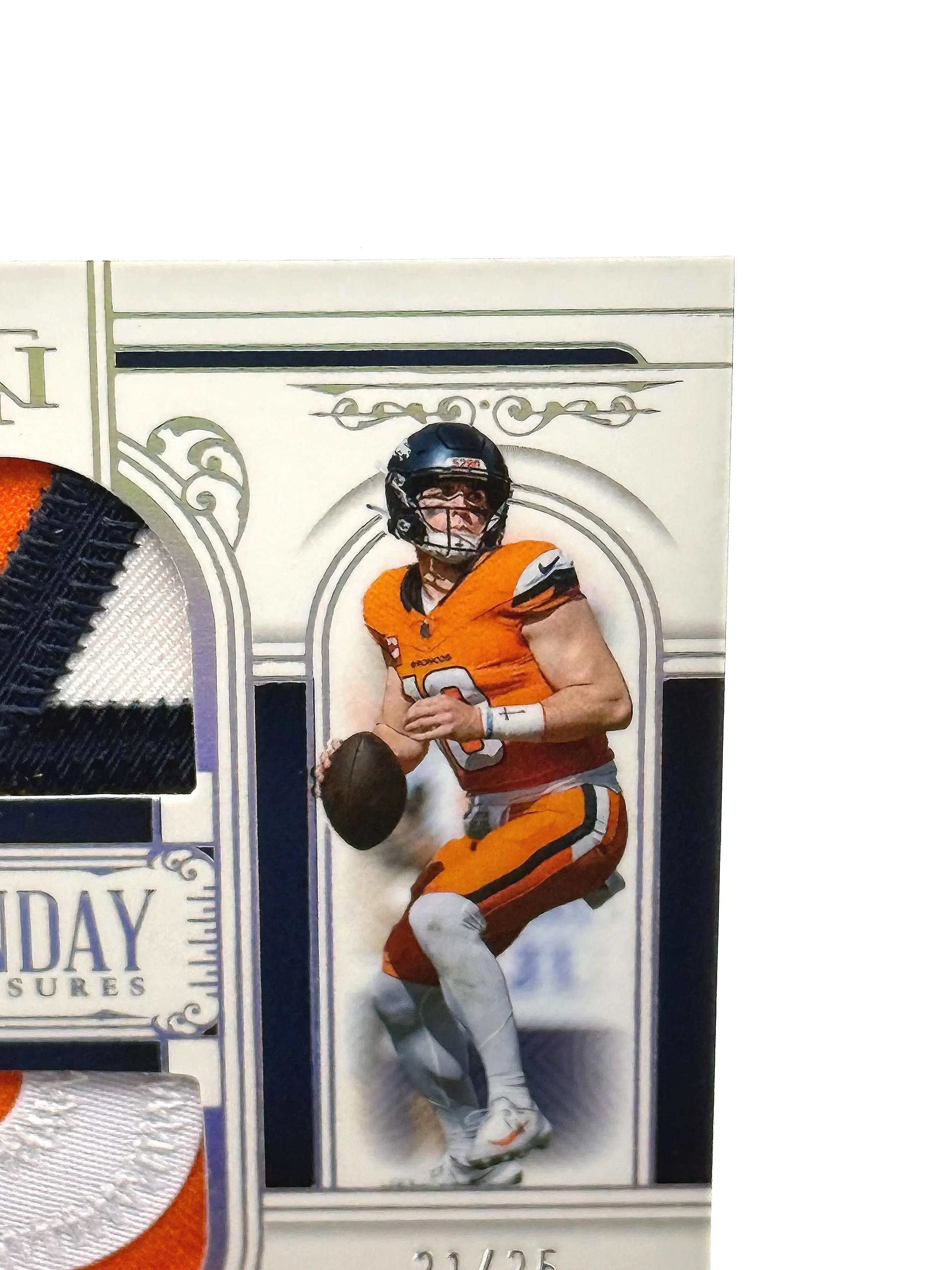 2025 National Treasures Bo Nix Sunday Treasures Dual Patch /25 #ST-BNX Broncos Football Card top right corner