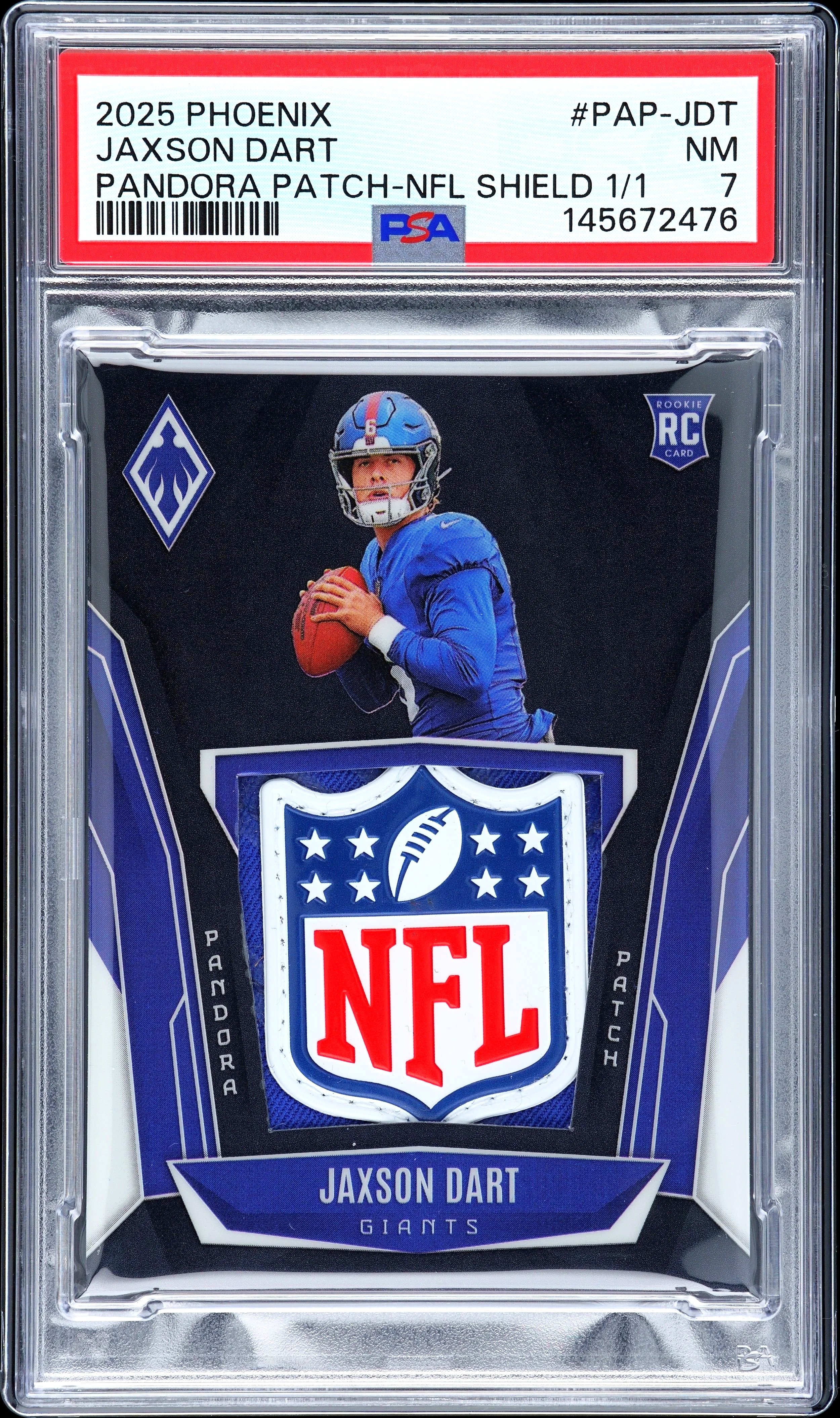 2025 Panini Phoenix Jaxson Dart Pandora Patch True NFL Shield 1/1 Football Card Front.jpg