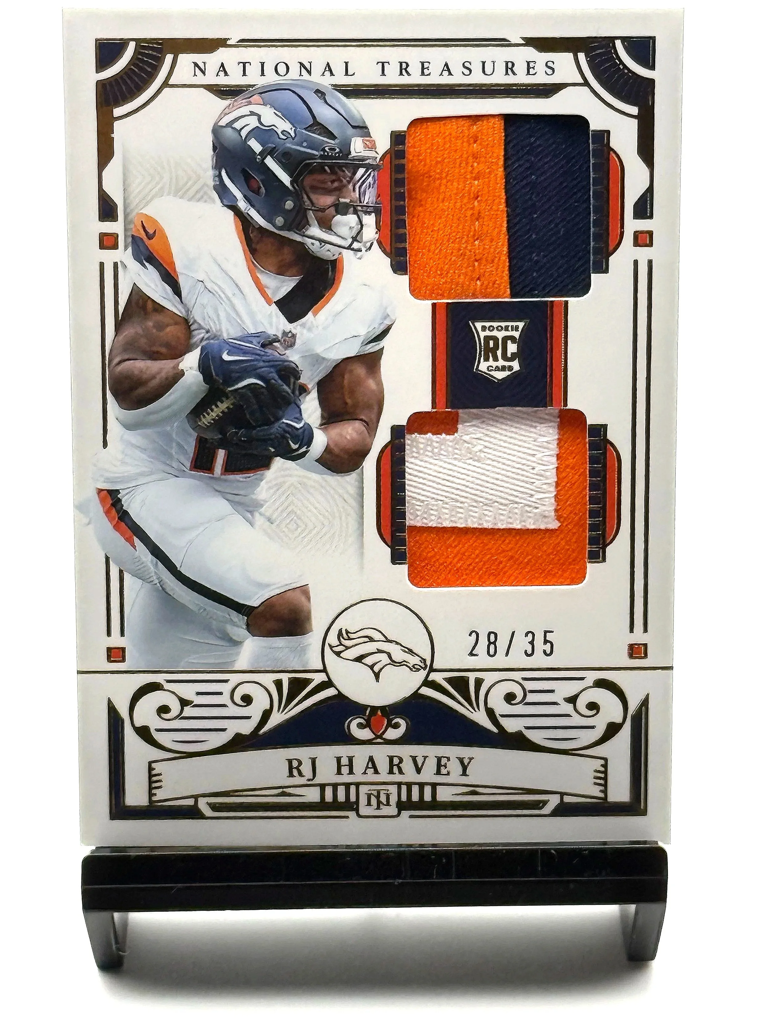 2025 National Treasures RJ Harvey Dual Patch Rookie /35 NT RP #13 Broncos