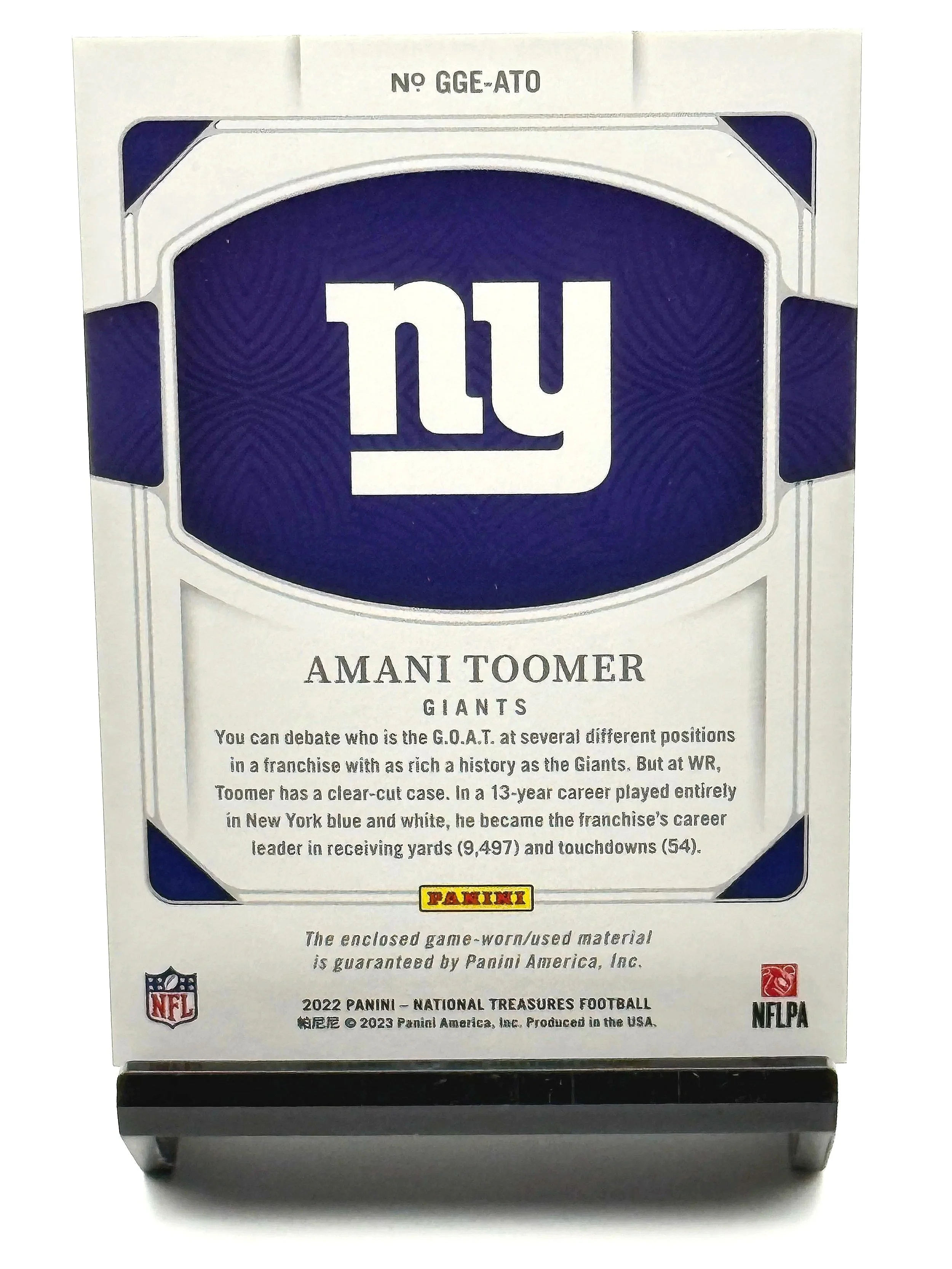2022 National Treasures Amani Toomer Game Gear Game-Worn Patch /25 #GTE-ATO football card back