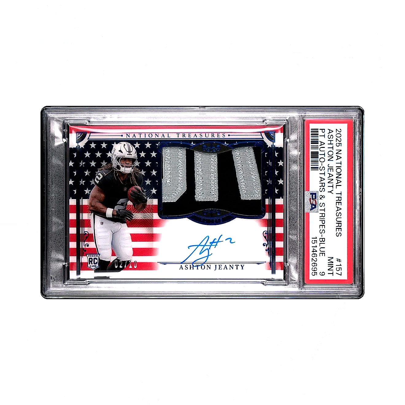 2025 National Treasures Ashton Jeanty Auto Stars & Stripes Blue /10 #157 – PSA9