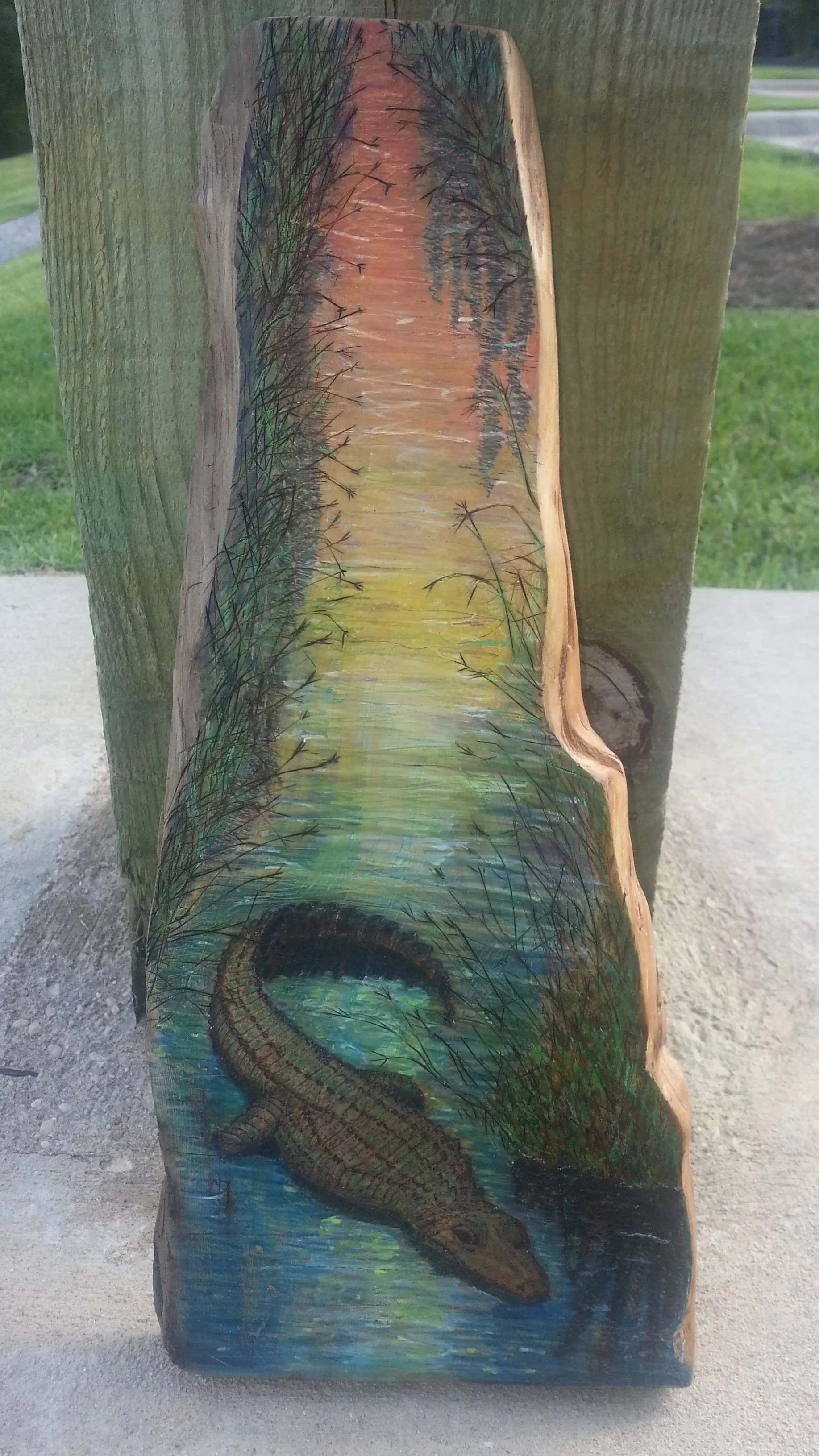 🟢 Available :
Detailed pyrography (woodburn) artwork by Art Illusions by Young featuring a realistic alligator on a cypress knee slab. The natural grain and edge are enhanced with hand-applied pigments, highlighting the studio’s signature woodburnin