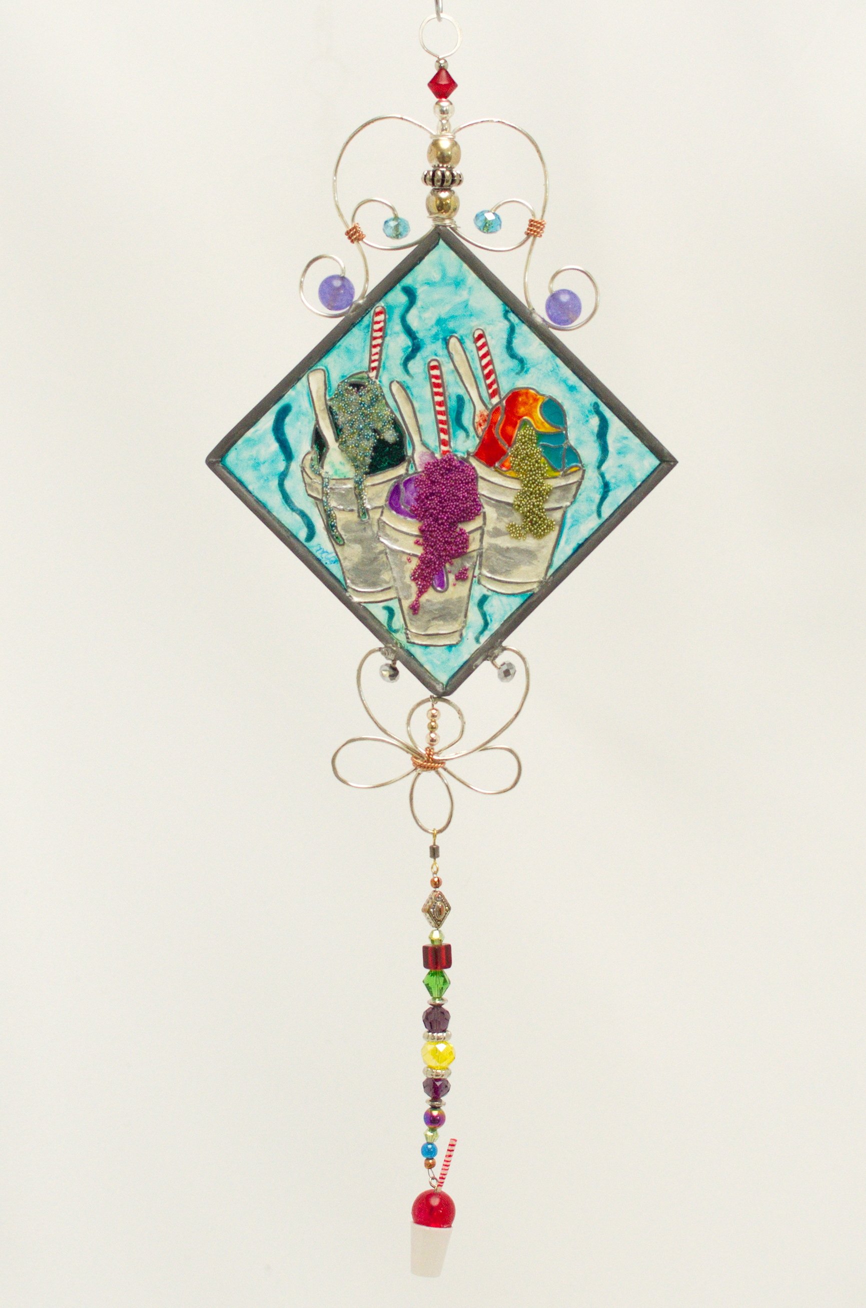 🔴 Sold: 
New Orleans Snowballs Illusion Glass by Art Illusions by Young. A cheerful diagonal piece celebrating classic New Orleans snowballs with colorful syrups and the nostalgic snowball stand. Vibrant paints and leaded glass bring sweet summer me